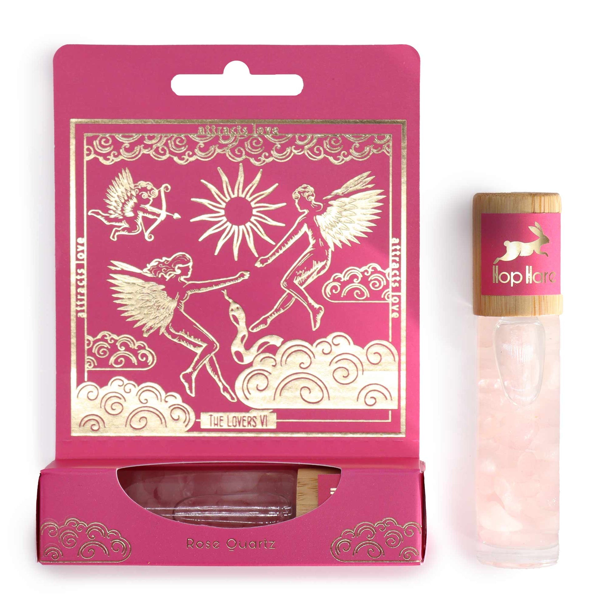 Gemstone Tarot Essential Oil Roll-On - Rose Quartz - The Lovers with pink and gold illustrated box and pale chip-filled bottle by Quintessential Holistic Health Ltd