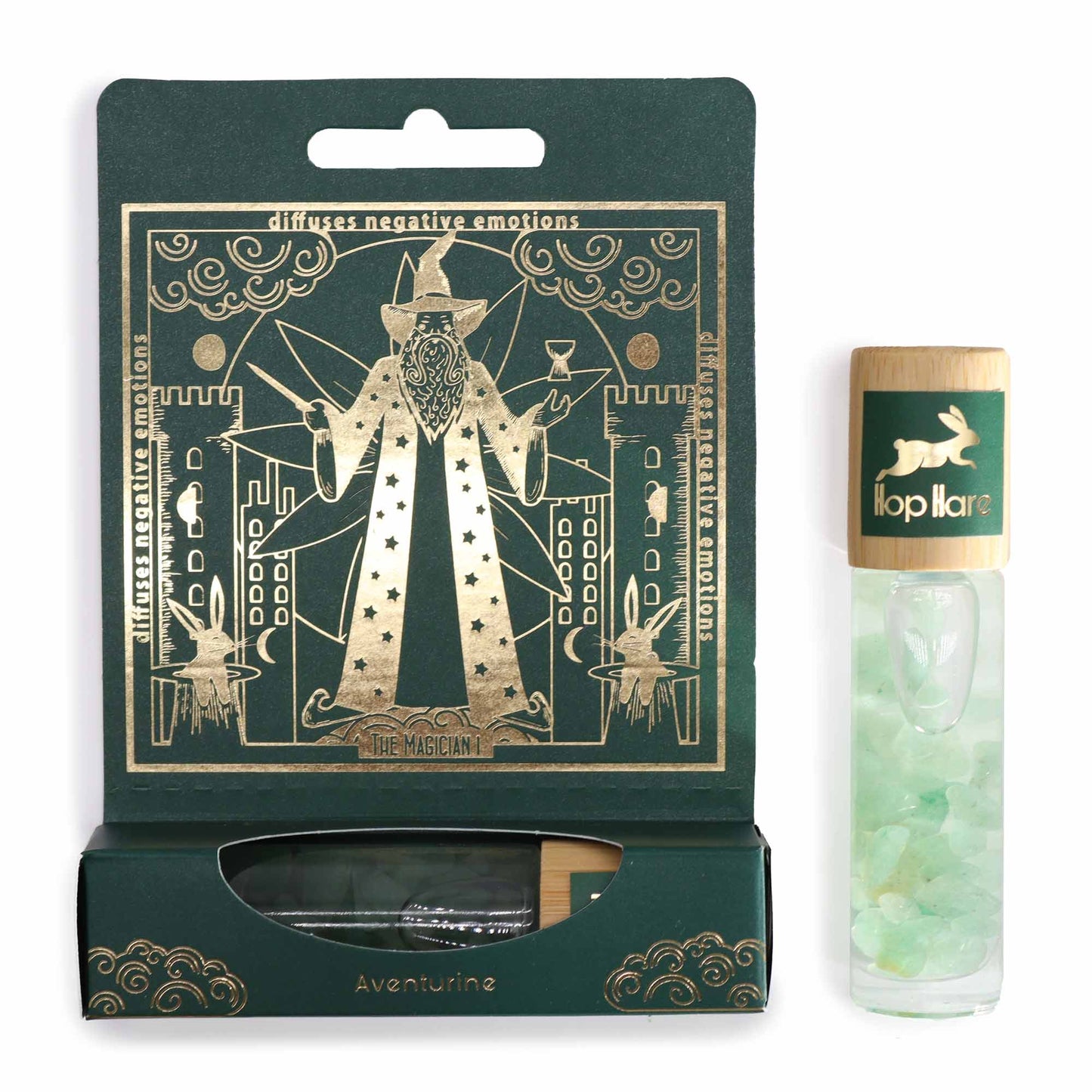 Gemstone Tarot Essential Oil Roll On - Green Aventurine / The Magician product packaging on clean background from Quintessential Holistic Health Ltd