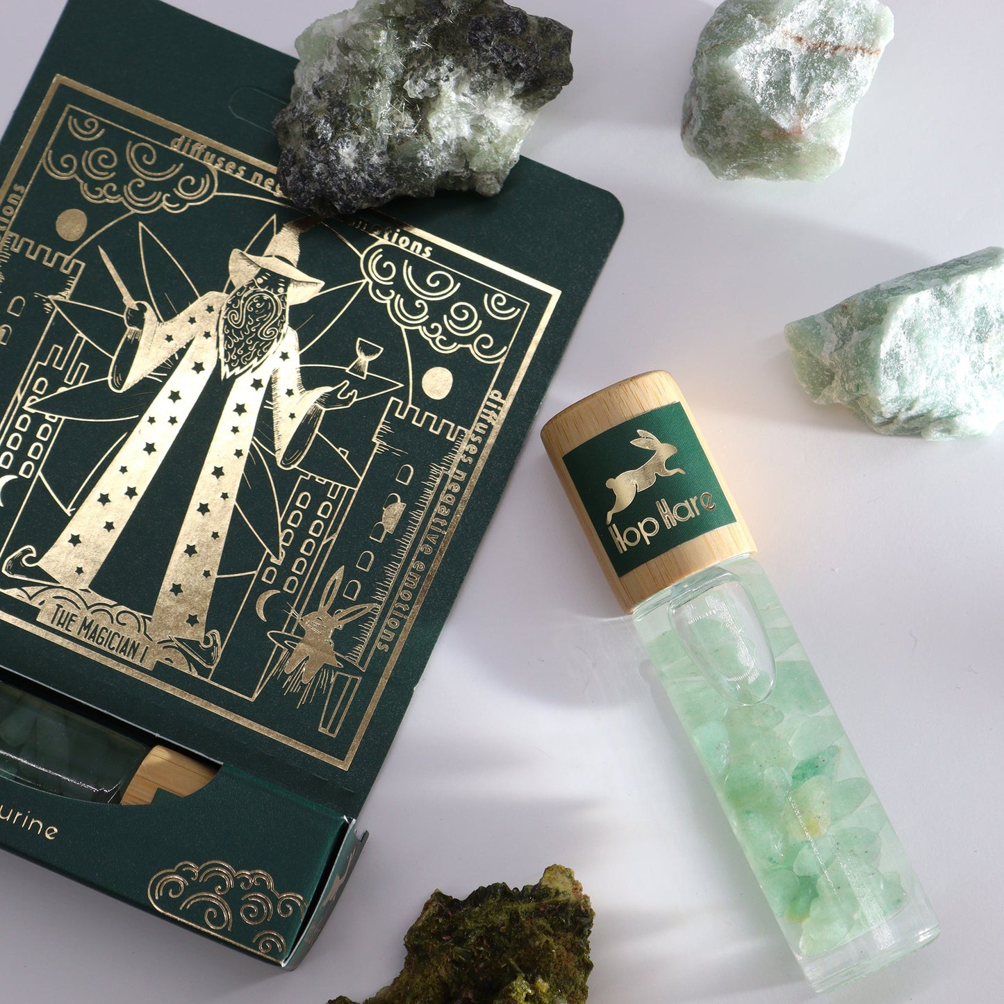 Gemstone Tarot Essential Oil Roll On - Green Aventurine / The Magician product packaging on clean background from Quintessential Holistic Health Ltd