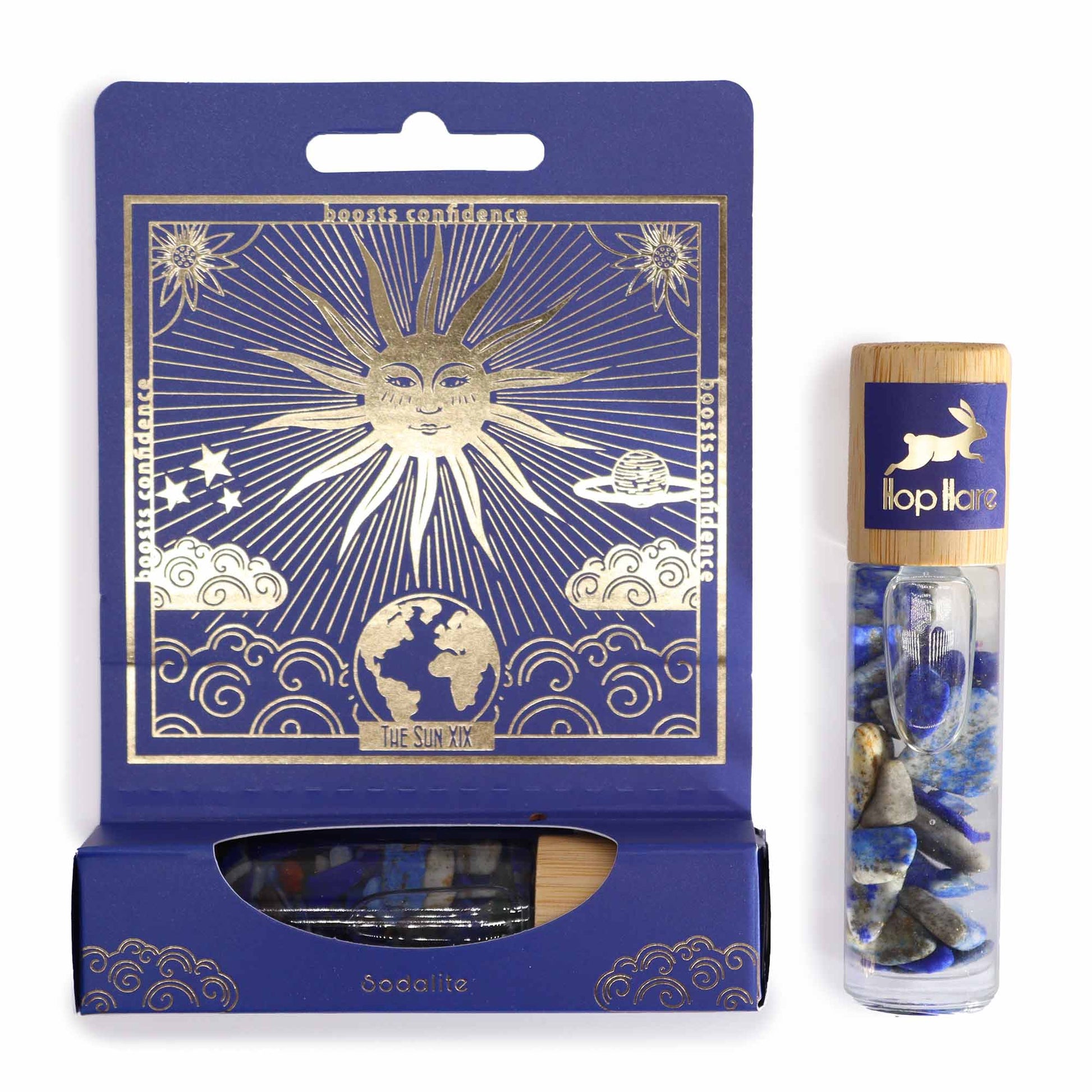 Gemstone Tarot Essential Oil Roll On - Sodalite / The Sun product packaging on clean background from Quintessential Holistic Health Ltd