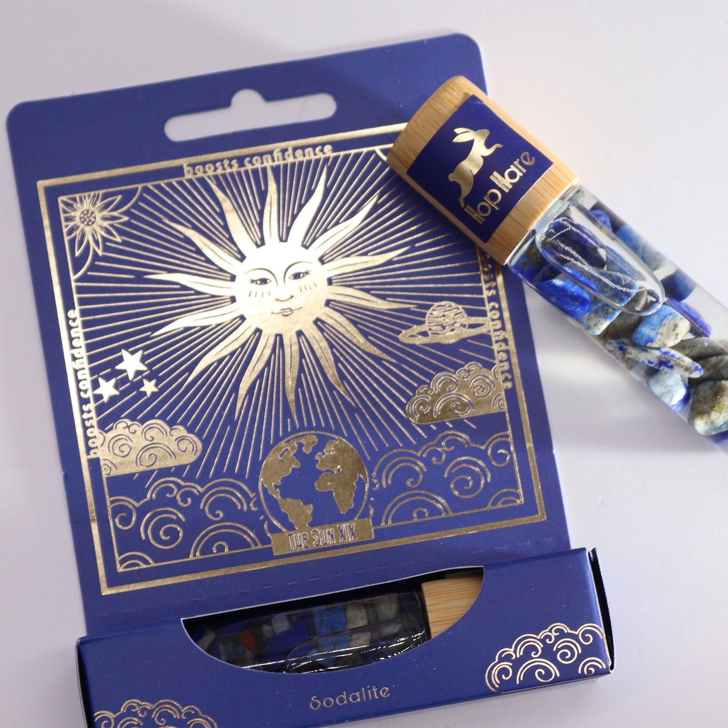 Gemstone Tarot Essential Oil Roll On - Sodalite / The Sun product packaging on clean background from Quintessential Holistic Health Ltd