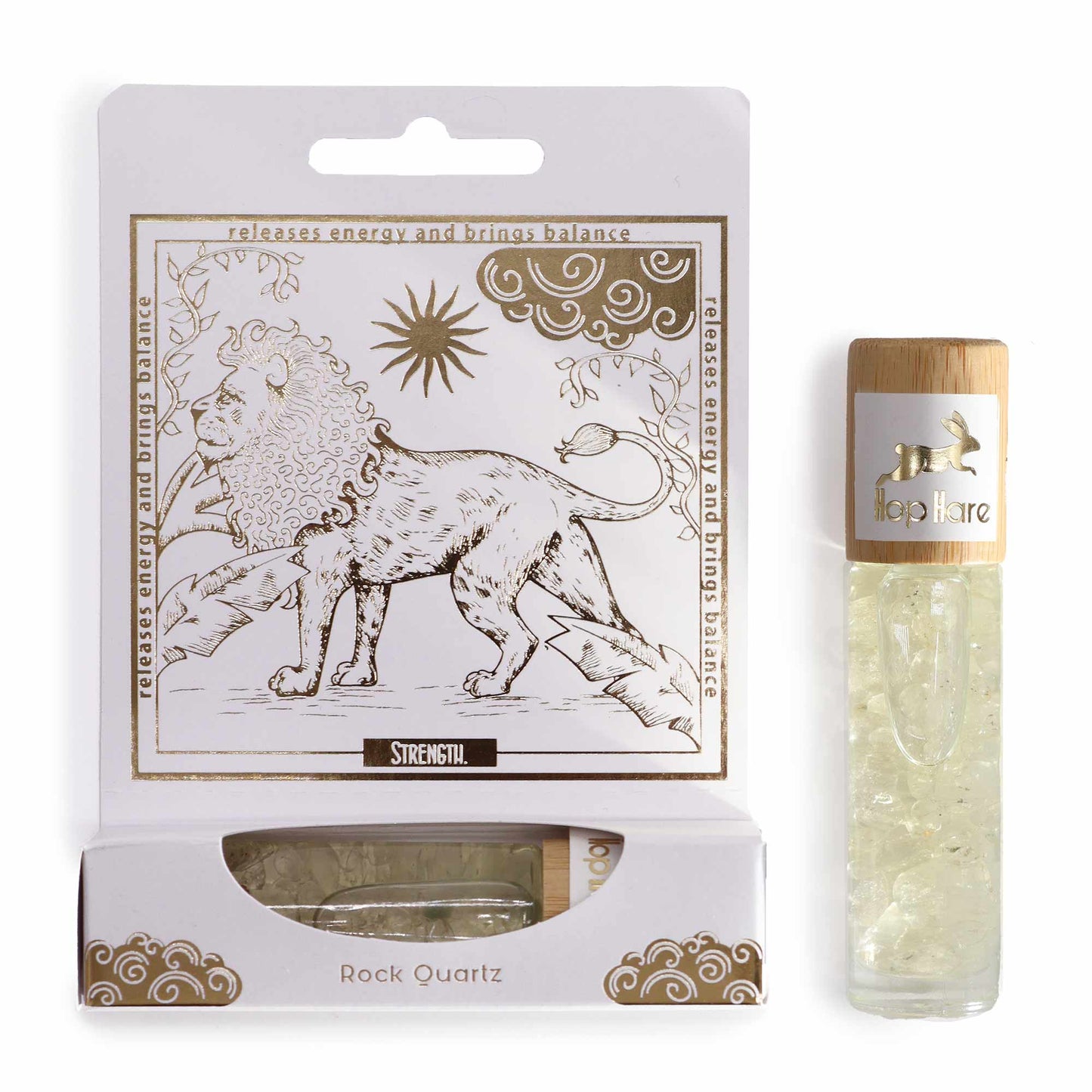 Gemstone Tarot Essential Oil Roll-On - Rock Quartz - The Lion with white and gold illustrated box and clear chip-filled bottle by Quintessential Holistic Health Ltd