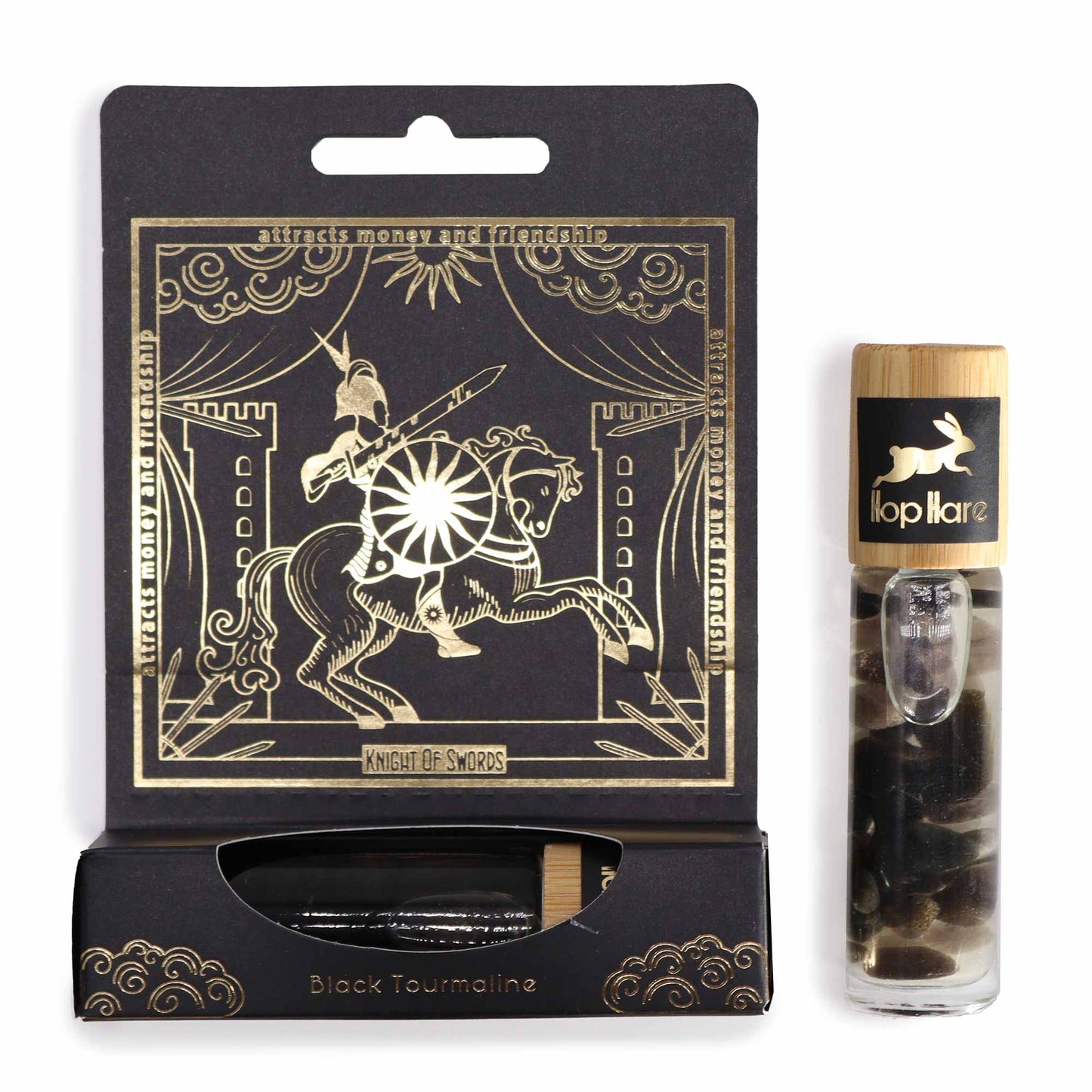 Gemstone Tarot Essential Oil Roll On - Black Tourmaline / The Knight product packaging on clean background from Quintessential Holistic Health Ltd