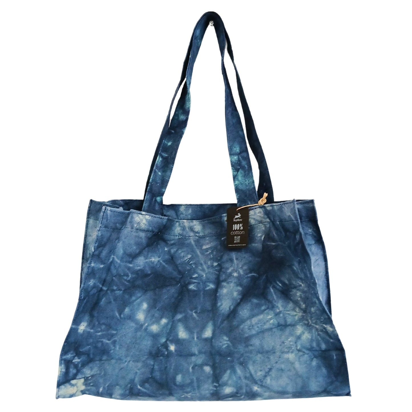 Handmade 100% Natural Cotton Handy Bag - Deep Sea Blue Stonewash, mottled blue rectangular bag with a small black tag, by Quintessential Holistic Health Ltd