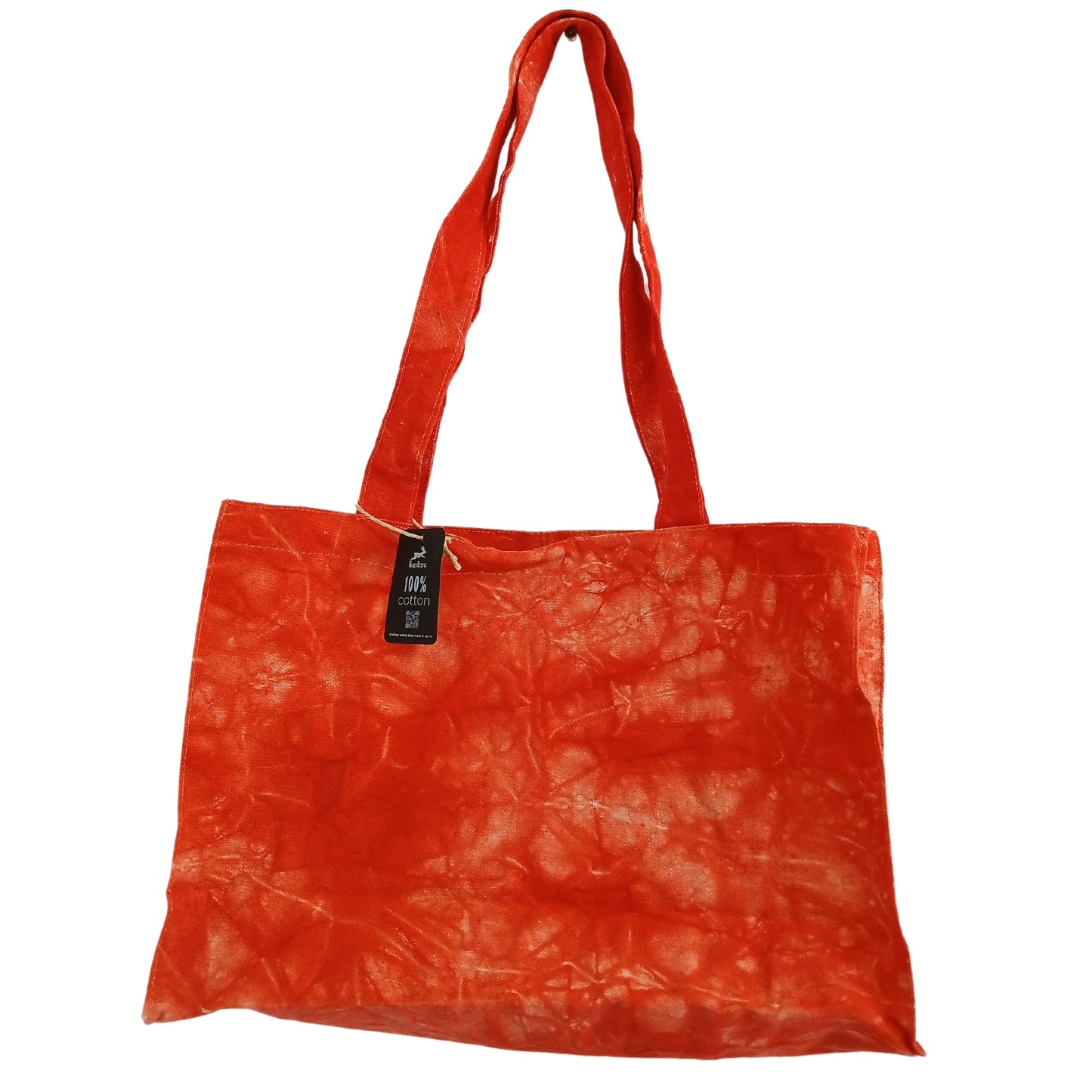Handmade 100% Natural Cotton Handy Bag - Desert Orange Stonewash with a vivid red-orange mottled finish and small black tag by Quintessential Holistic Health Ltd