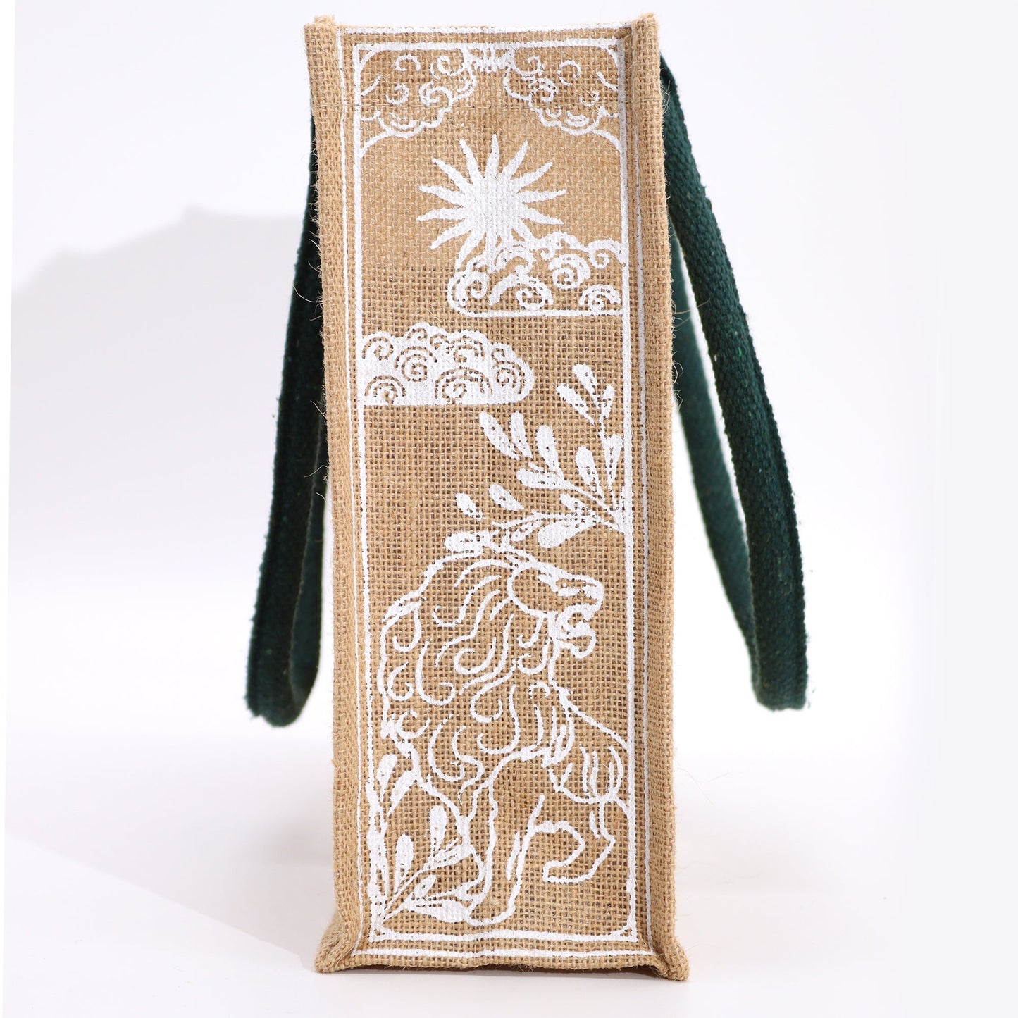 Eco-Friendly Jute Tote Bag - I Am Strong, with white sun, clouds, lion and wave motifs by Quintessential Holistic Health Ltd