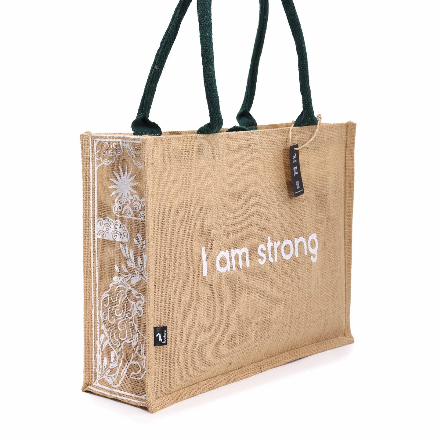 Eco-Friendly Jute Tote Bag - I Am Strong, a tan rectangular bag with dark green trim and white decorative print by Quintessential Holistic Health Ltd