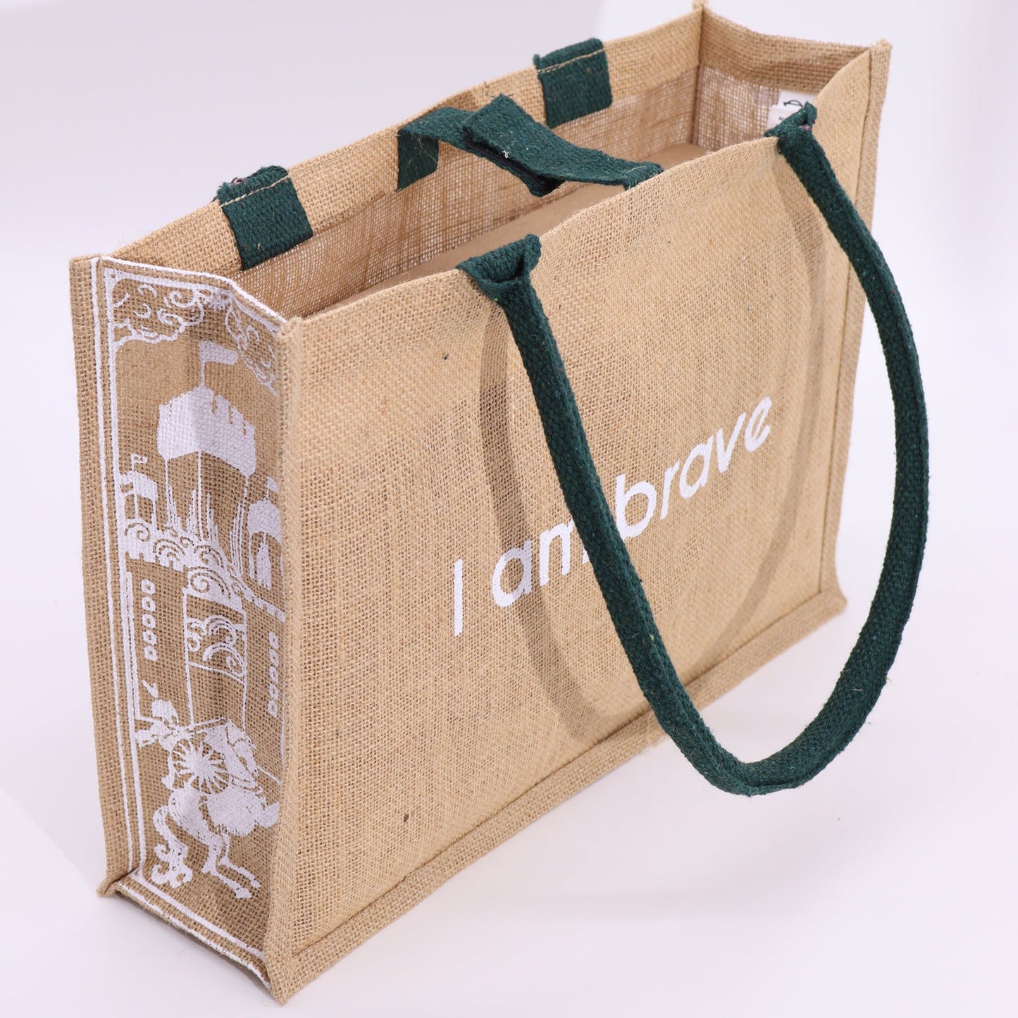 Eco-Friendly Jute Tote Bag - I Am Brave, showing white affirmation text and lion artwork by Quintessential Holistic Health Ltd