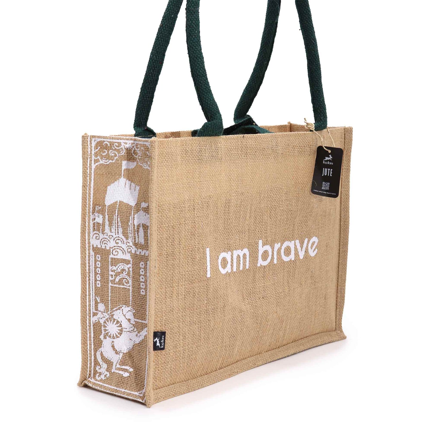Eco-Friendly Jute Tote Bag - I Am Brave, with white affirmation text and an illustrated side panel by Quintessential Holistic Health Ltd