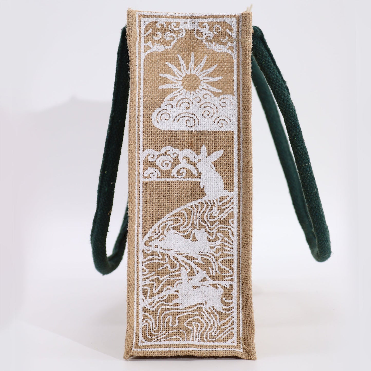 Eco-Friendly Jute Tote Bag - I Am Magical, with a white sun, clouds, lion and waves on the side panel by Quintessential Holistic Health Ltd