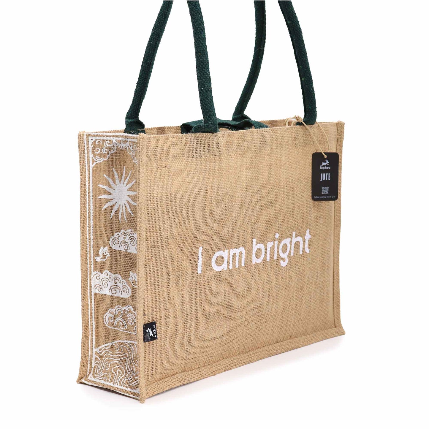 Eco-Friendly Jute Tote Bag - I Am Bright, featuring white affirmation text and sun artwork by Quintessential Holistic Health Ltd