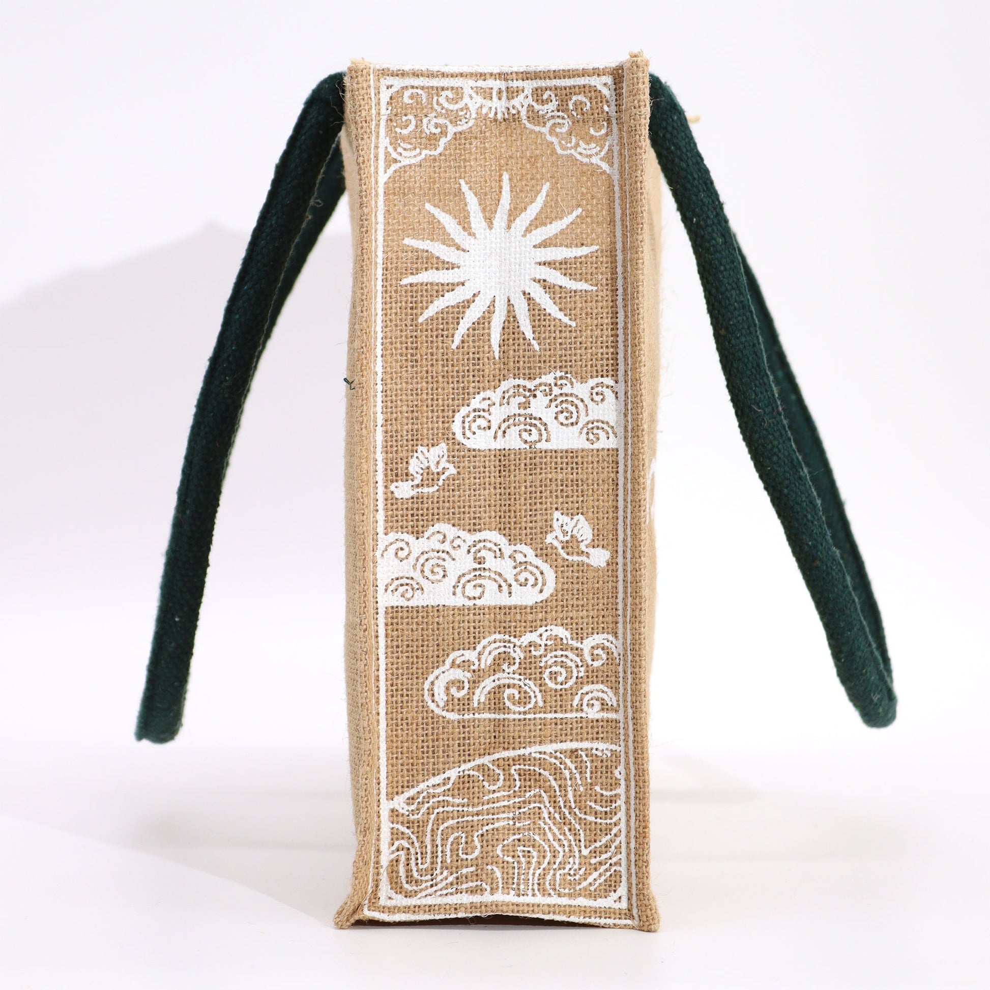 Eco-Friendly Jute Tote Bag - I Am Bright, showing a white sun, clouds, lion and wave pattern on the side by Quintessential Holistic Health Ltd