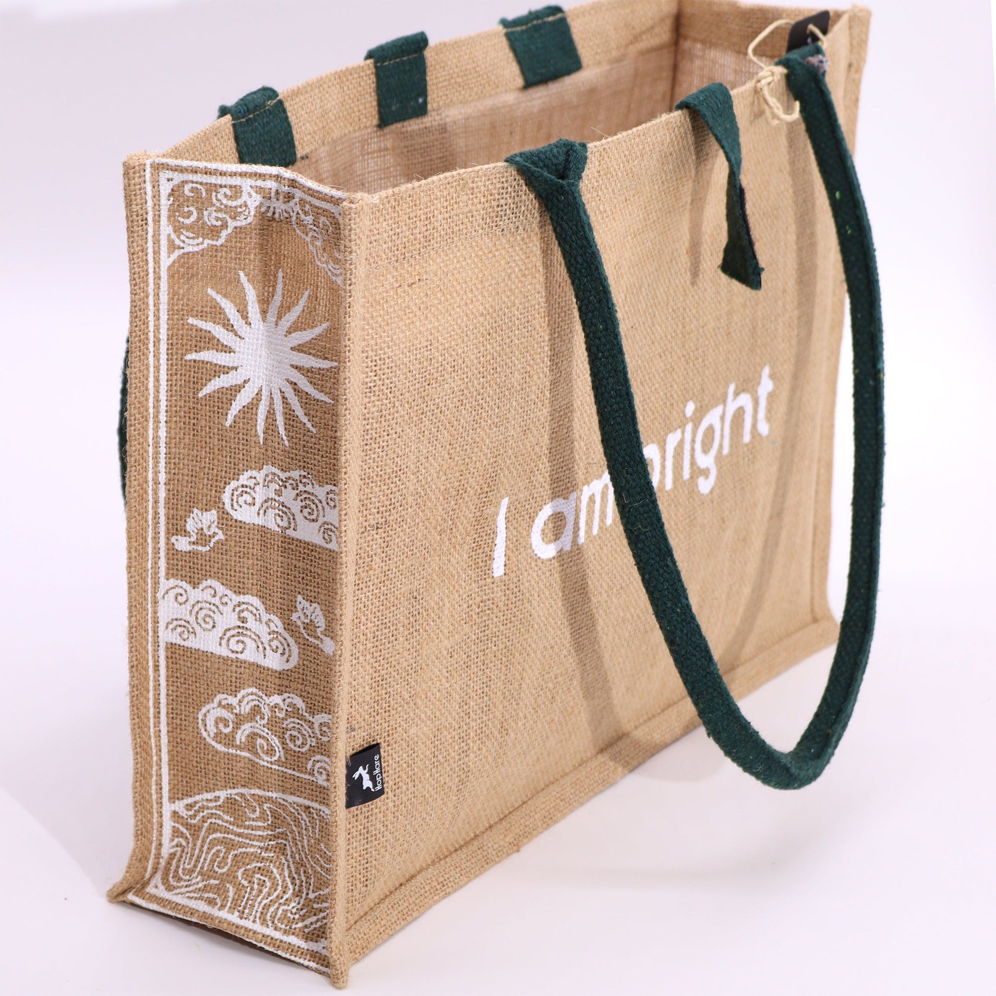 Eco-Friendly Jute Tote Bag - I Am Bright, with white text and a large sun above cloud and lion motifs by Quintessential Holistic Health Ltd