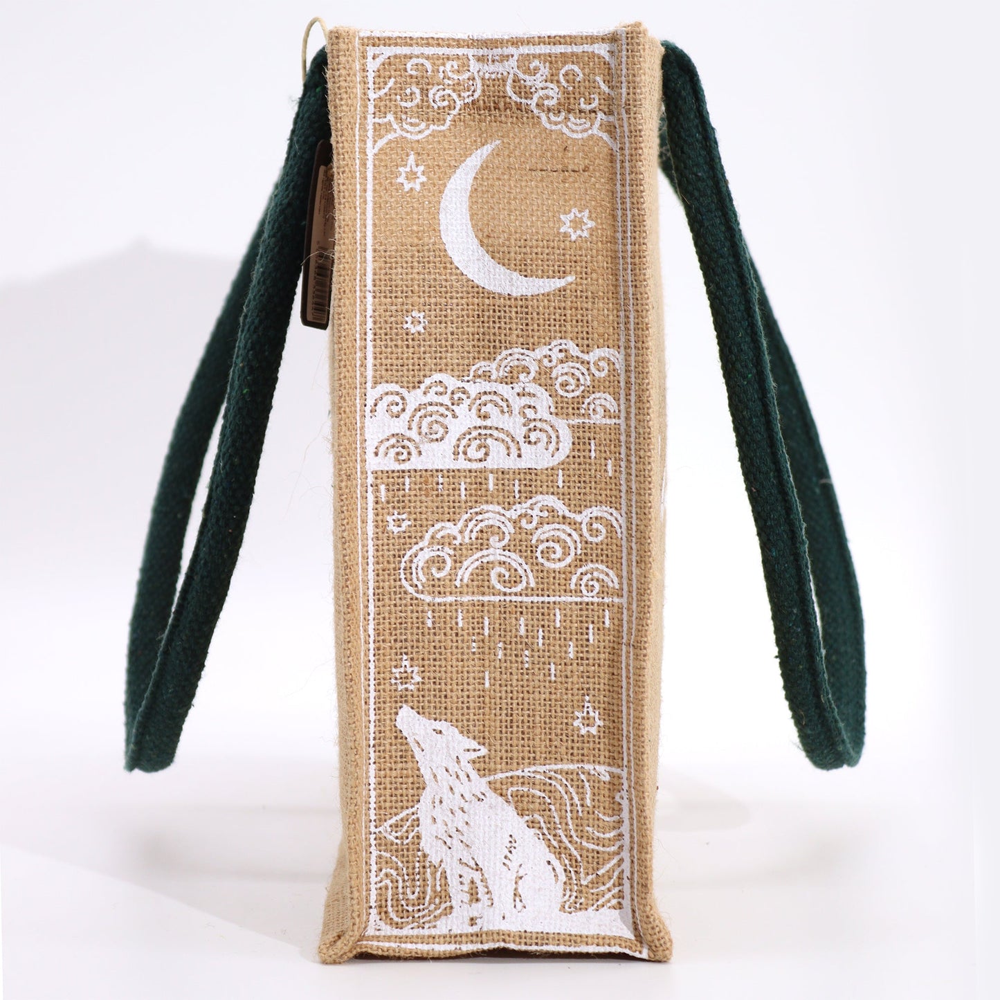 Eco-Friendly Jute Tote Bag - I Am Powerful, showing a white crescent moon, clouds, stars and wolf on the side by Quintessential Holistic Health Ltd