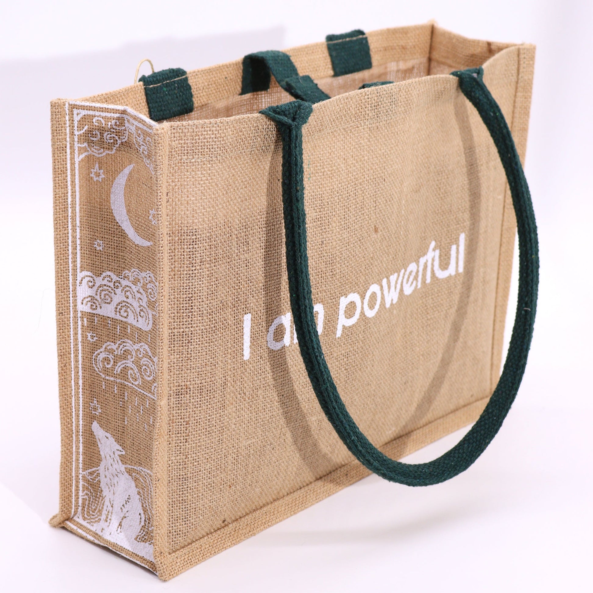 Eco-Friendly Jute Tote Bag - I Am Powerful, with white text and crescent moon, clouds and wolf motifs by Quintessential Holistic Health Ltd