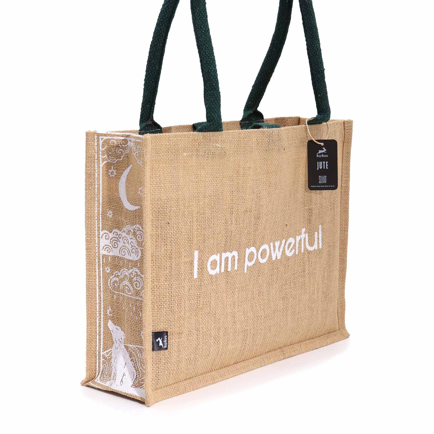 Eco-Friendly Jute Tote Bag - I Am Powerful, displaying white affirmation text and crescent moon side artwork by Quintessential Holistic Health Ltd