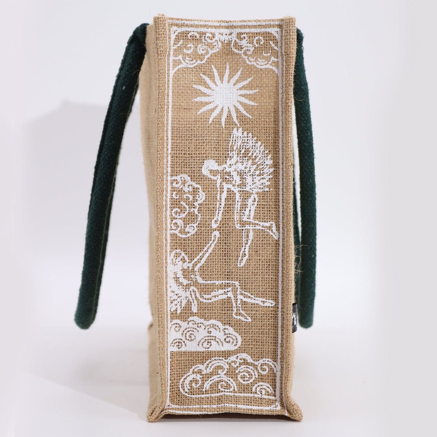 Eco-Friendly Jute Tote Bag - I Am Loved with a white sun, trees and two figures on the side panel by Quintessential Holistic Health Ltd