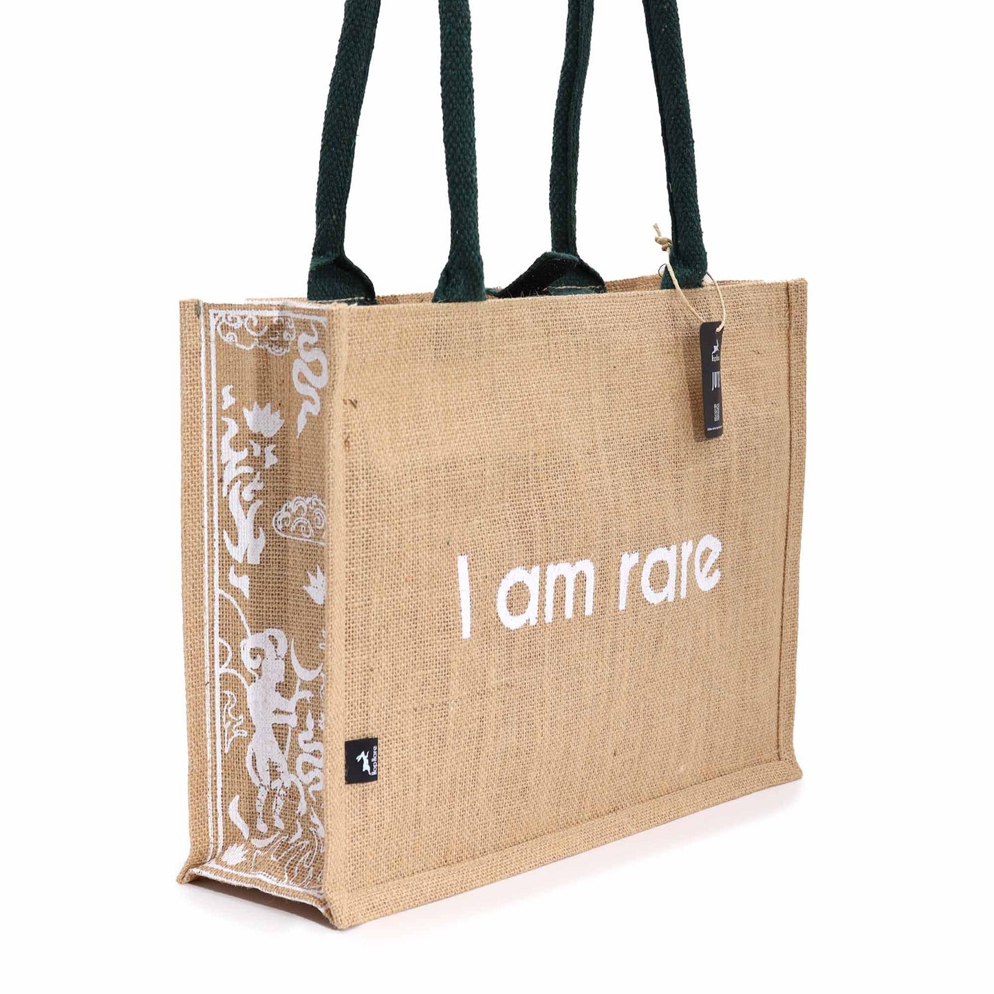 Eco-Friendly Jute Tote Bag - I Am Rare product packaging on clean background from Quintessential Holistic Health Ltd