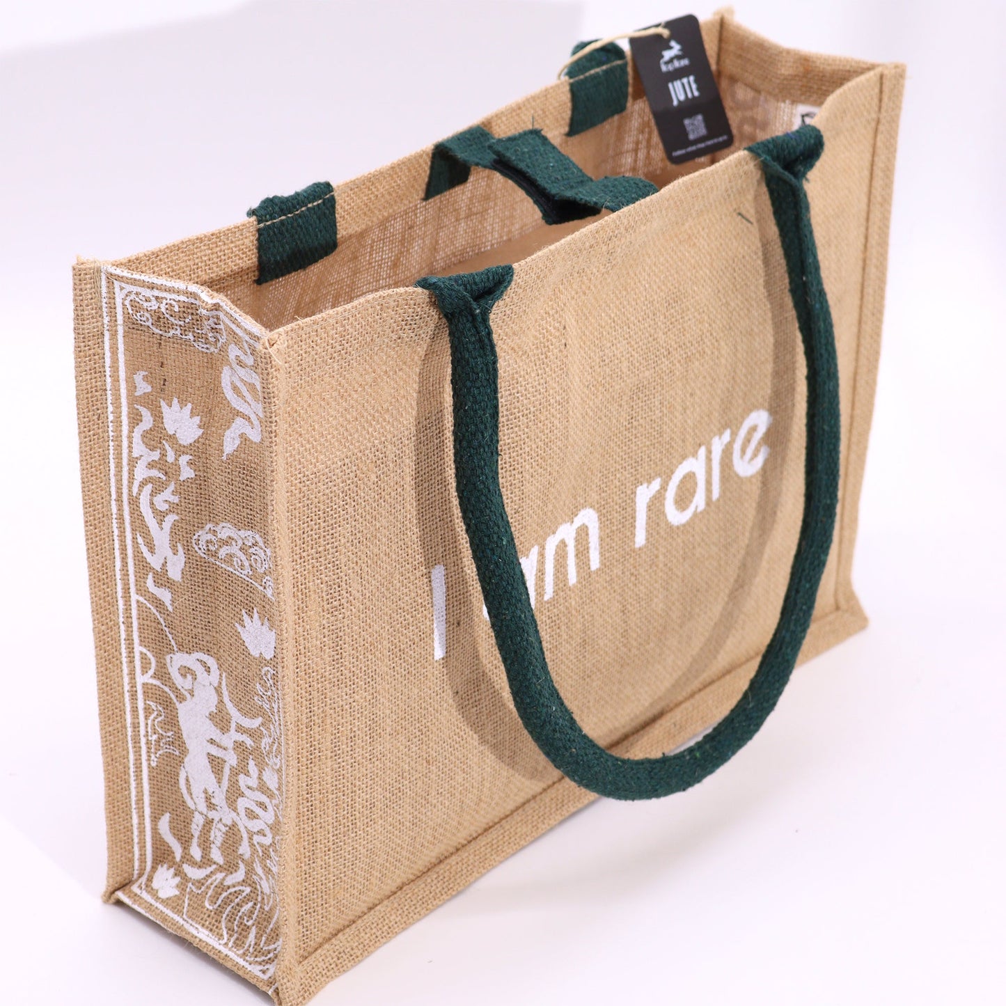 Eco-Friendly Jute Tote Bag - I Am Rare product packaging on clean background from Quintessential Holistic Health Ltd