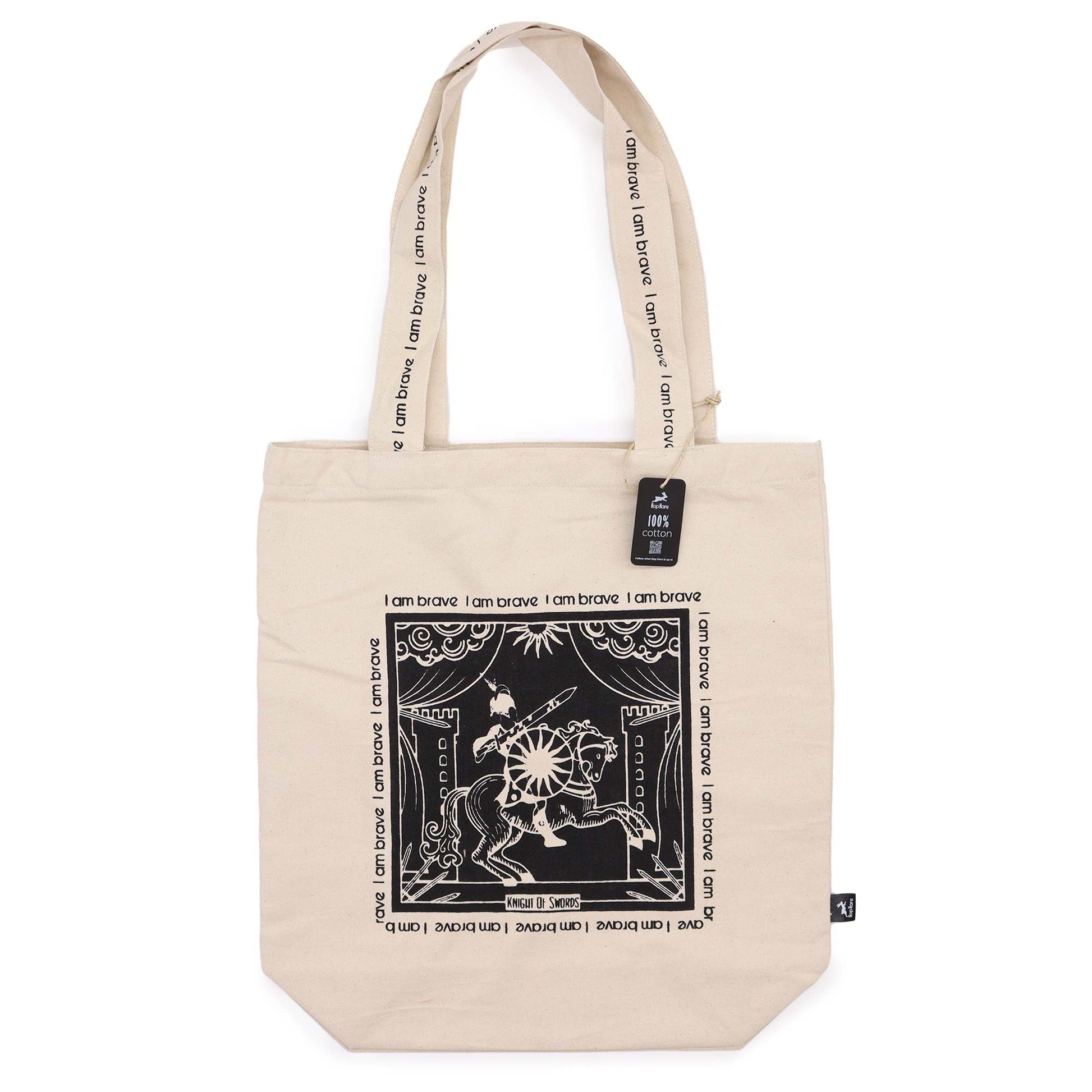 Knight of Swords Tarot Cotton Canvas Tote Bag - I Am Brave with a black square illustration of a knight, sword and sun by Quintessential Holistic Health Ltd