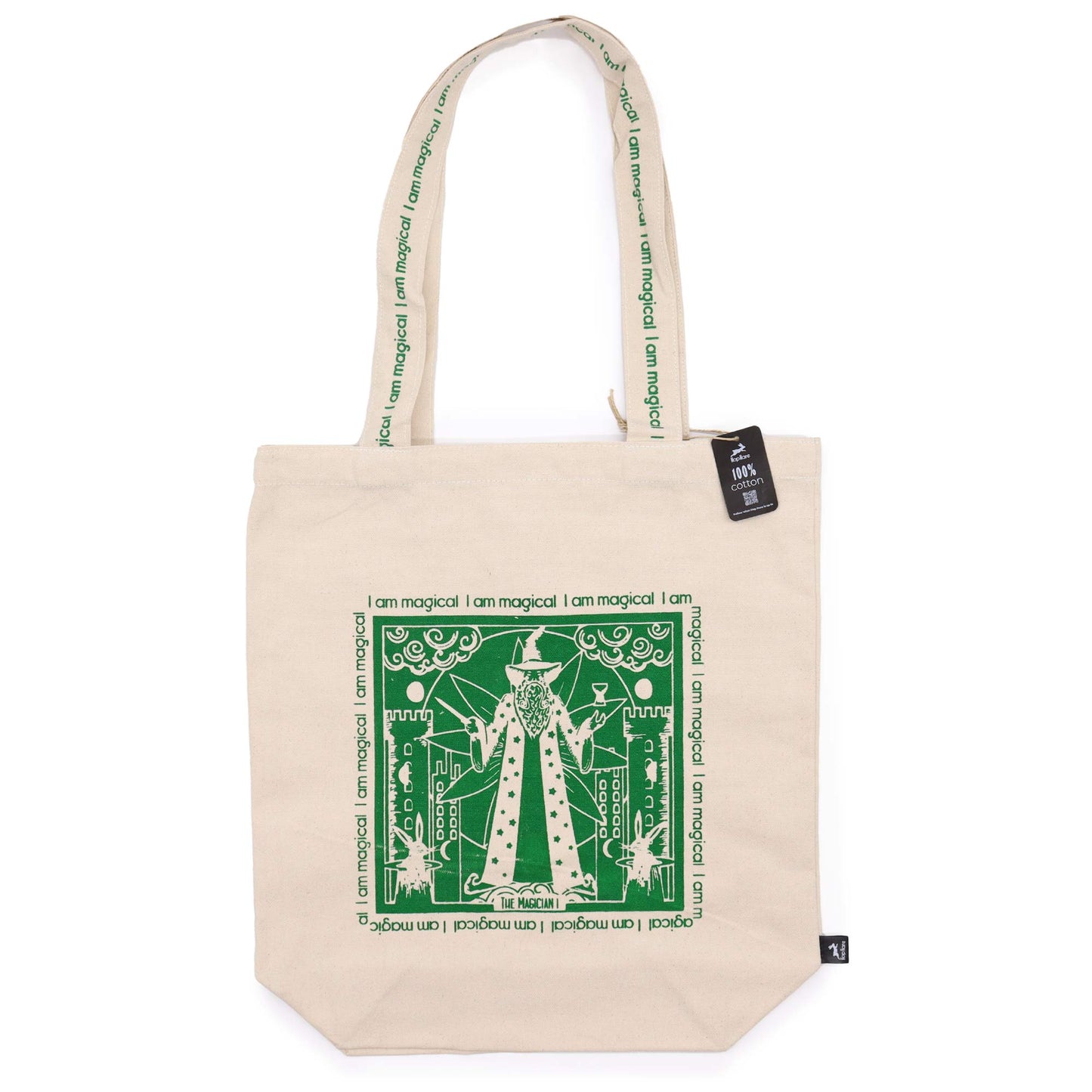 Magician Tarot Cotton Canvas Tote Bag - I Am Magical with a green square illustration of a robed figure by Quintessential Holistic Health Ltd