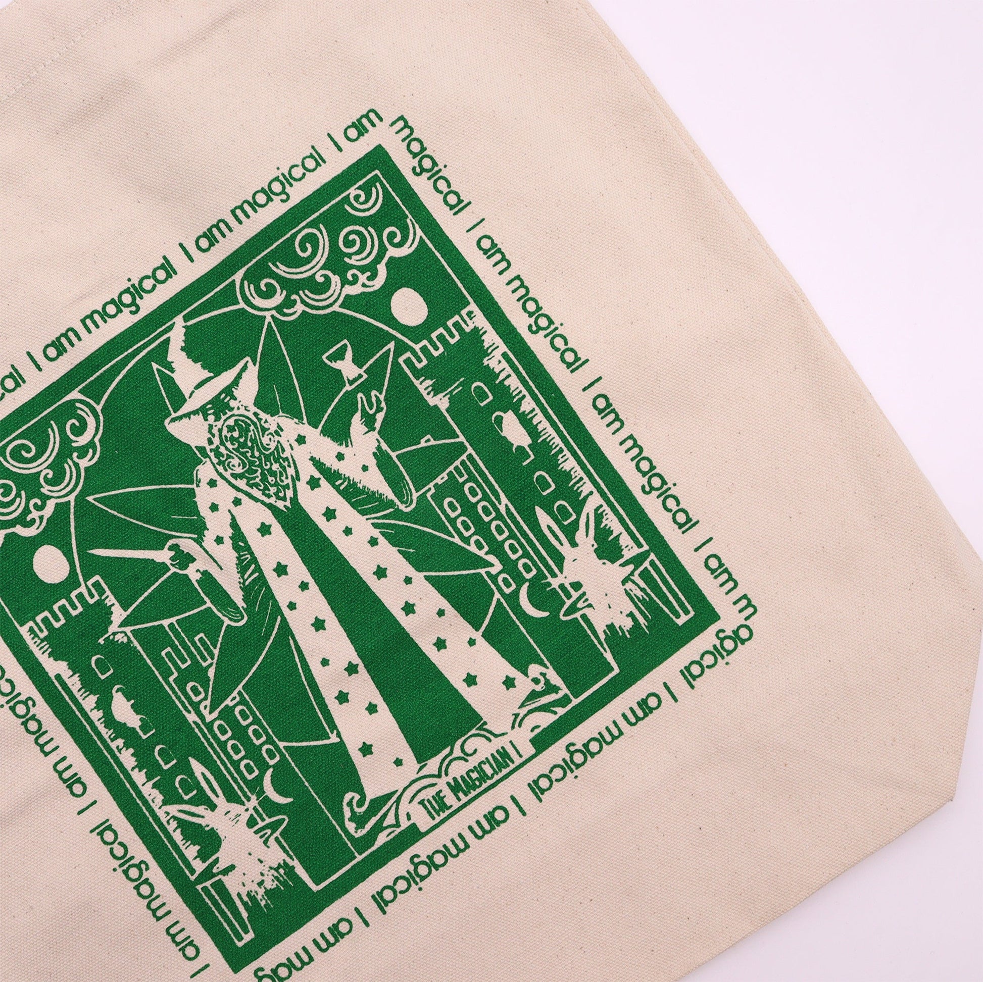 Magician Tarot Cotton Canvas Tote Bag - I Am Magical with a close-up green illustration of a robed figure by Quintessential Holistic Health Ltd