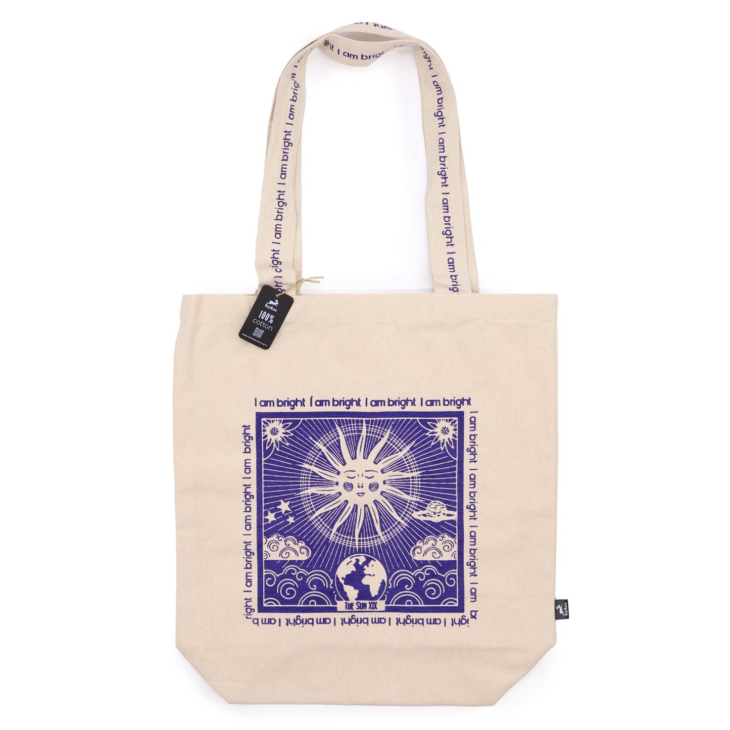 Sun Tarot Card Eco-Friendly Cotton Canvas Tote Bag - I Am Bright product packaging on clean background from Quintessential Holistic Health Ltd