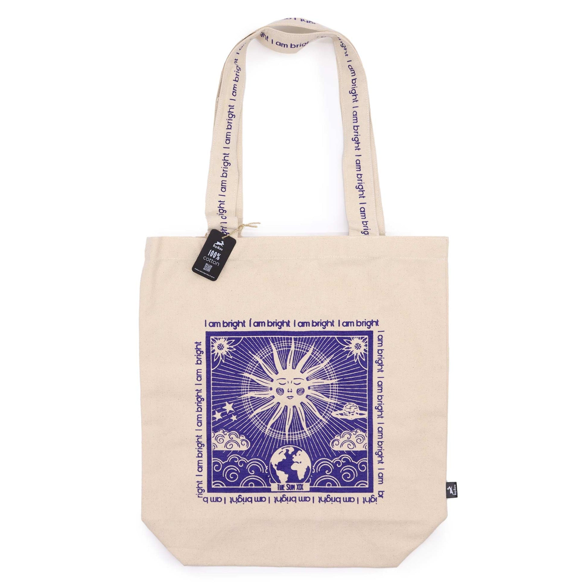 Sun Tarot Card Eco-Friendly Cotton Canvas Tote Bag - I Am Bright product packaging on clean background from Quintessential Holistic Health Ltd
