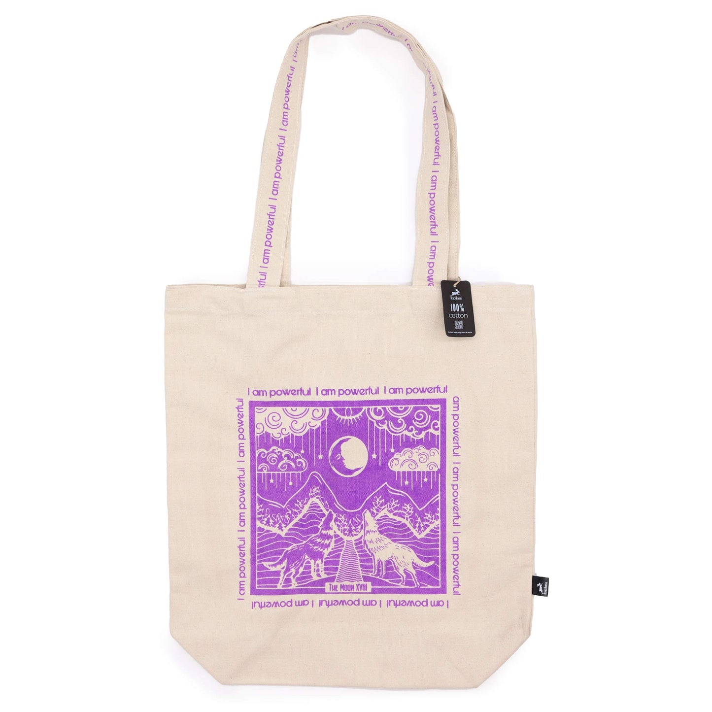 Moon Tarot Card Eco-Friendly Cotton Canvas Tote Bag - I Am Powerful product packaging on clean background from Quintessential Holistic Health Ltd