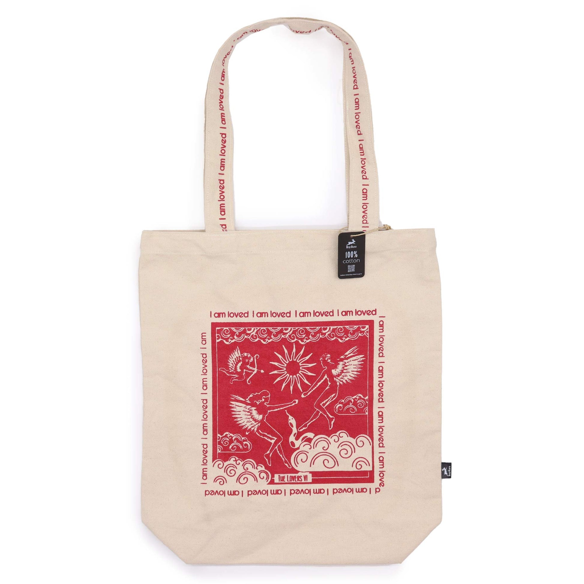 Lovers Tarot Card Eco-Friendly Cotton Canvas Tote Bag - I Am Loved product packaging on clean background from Quintessential Holistic Health Ltd