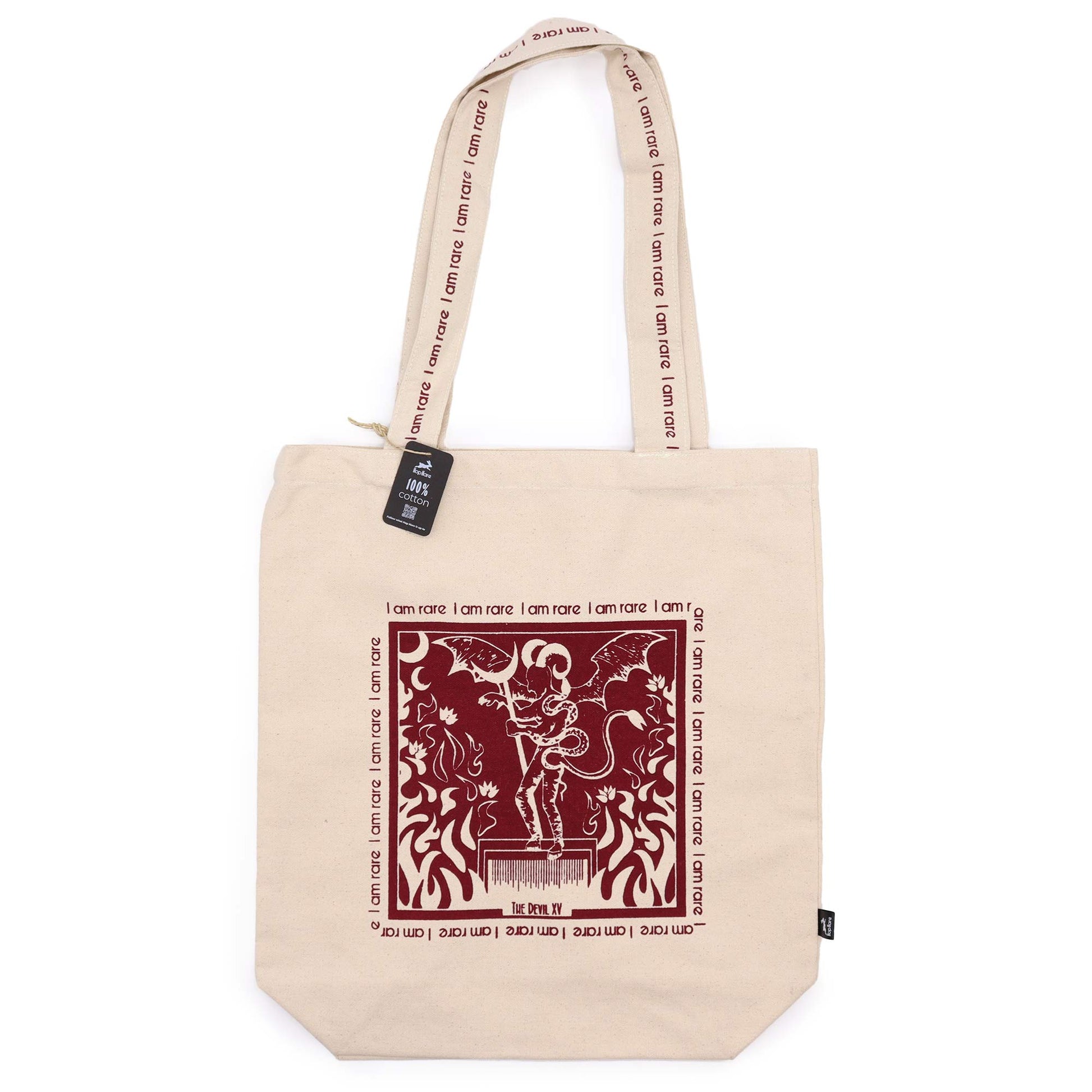 Devil Tarot Card Cotton Canvas Tote Bag - I Am Rare with a burgundy square illustration of a horned figure by Quintessential Holistic Health Ltd