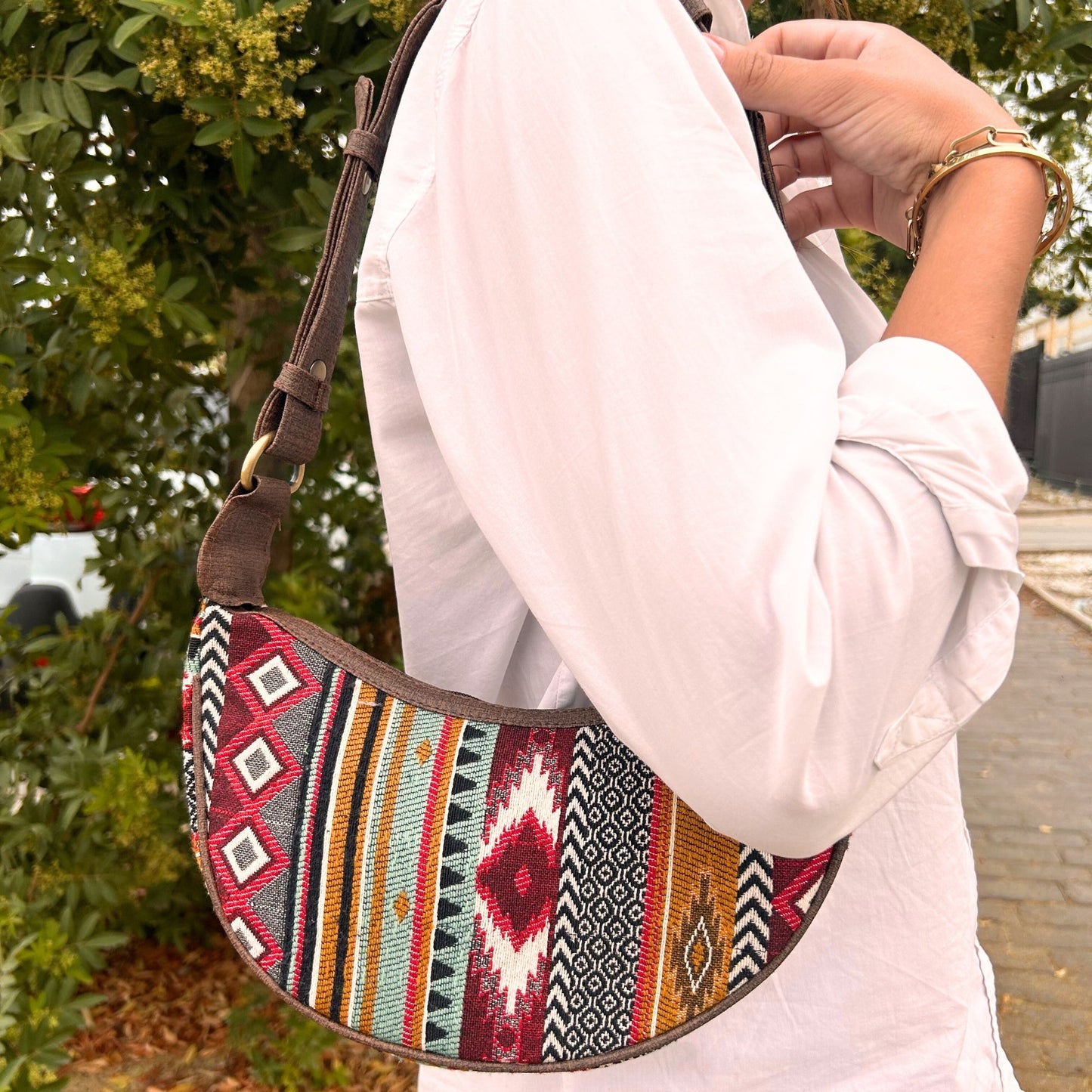 Handmade Jacquard Hobo Bag - Rich Browns product packaging on clean background from Quintessential Holistic Health Ltd