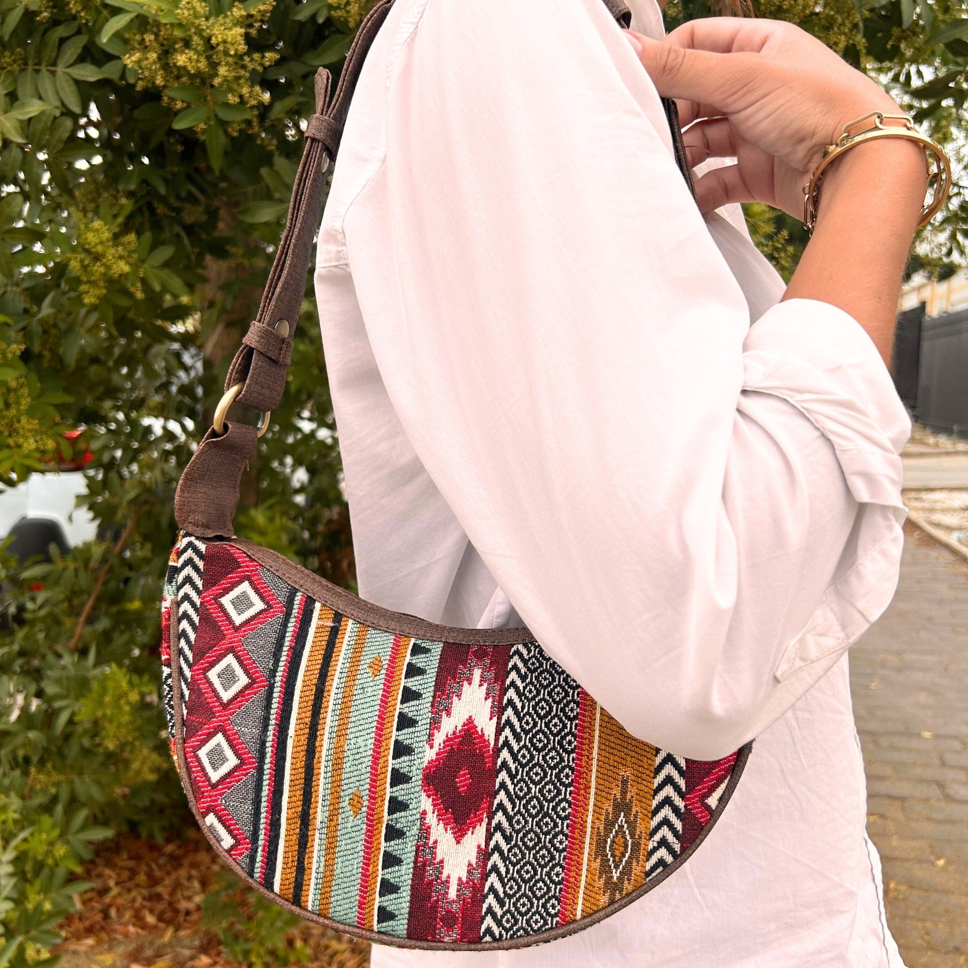 Handmade Jacquard Hobo Bag - Rich Browns product packaging on clean background from Quintessential Holistic Health Ltd