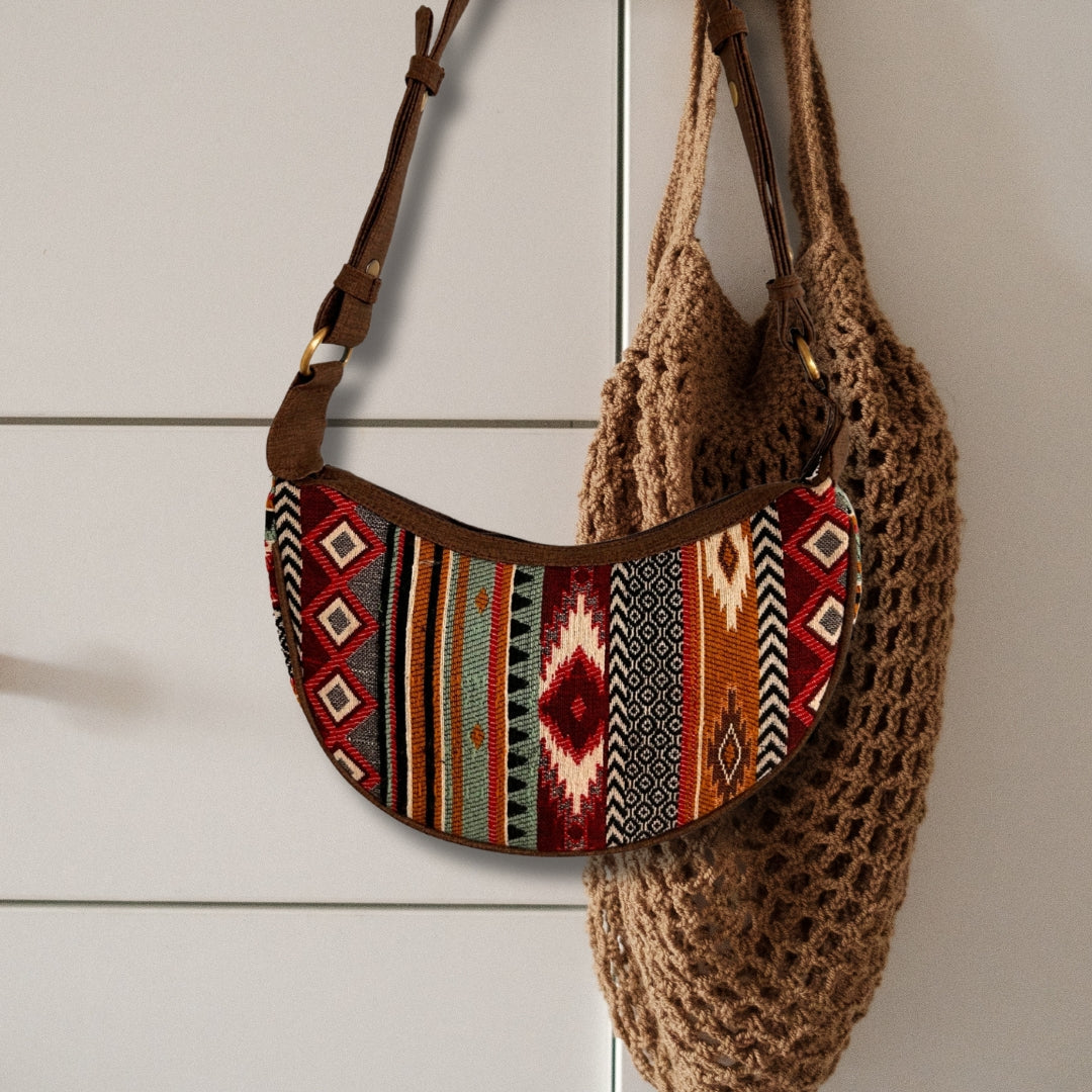 Handmade Jacquard Hobo Bag - Rich Browns product packaging on clean background from Quintessential Holistic Health Ltd