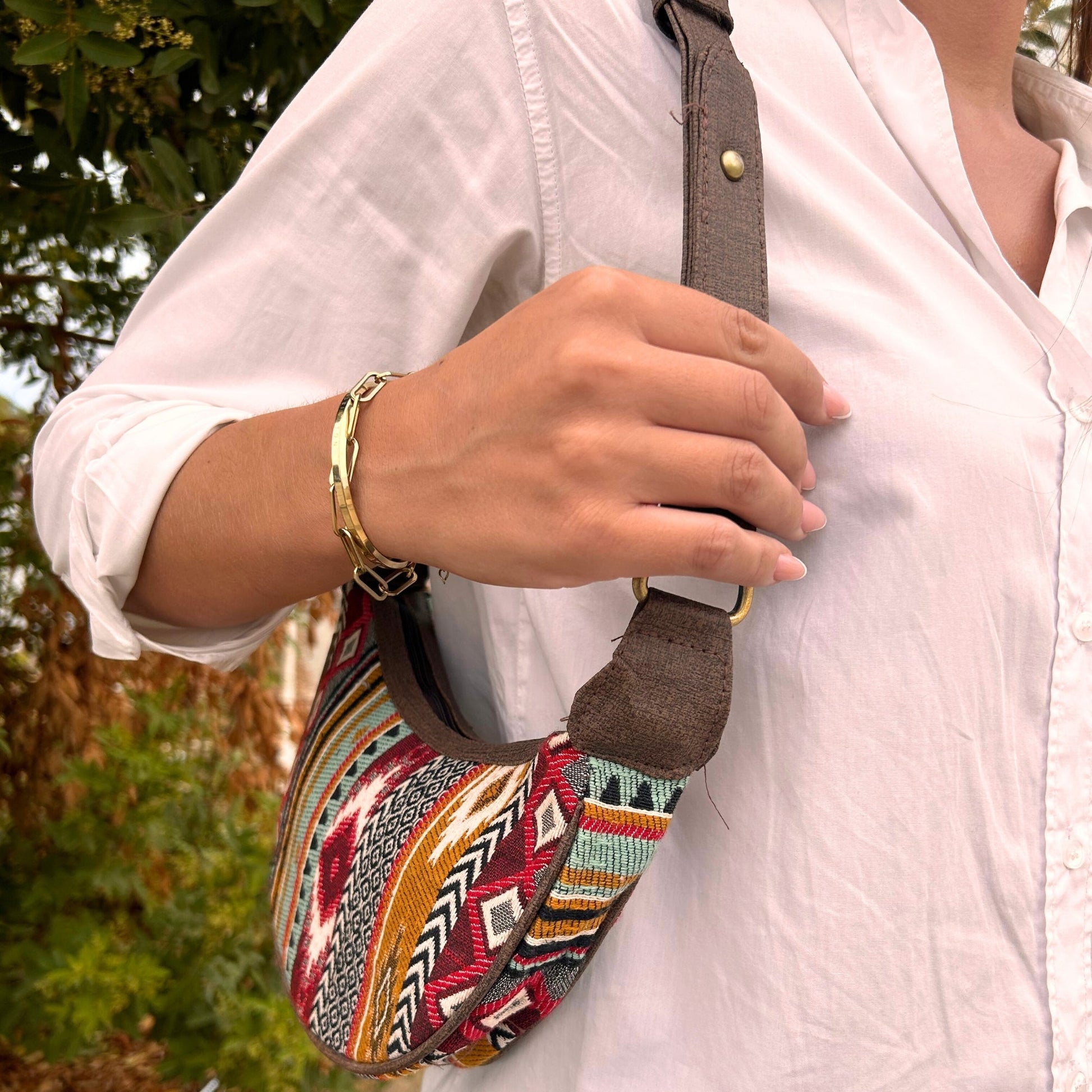 Handmade Jacquard Hobo Bag - Rich Browns product packaging on clean background from Quintessential Holistic Health Ltd