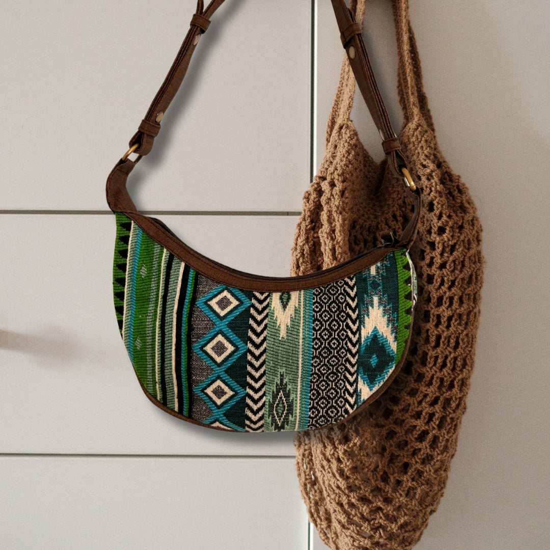 Handmade Jacquard Hobo Bag - Bold Greens product packaging on clean background from Quintessential Holistic Health Ltd