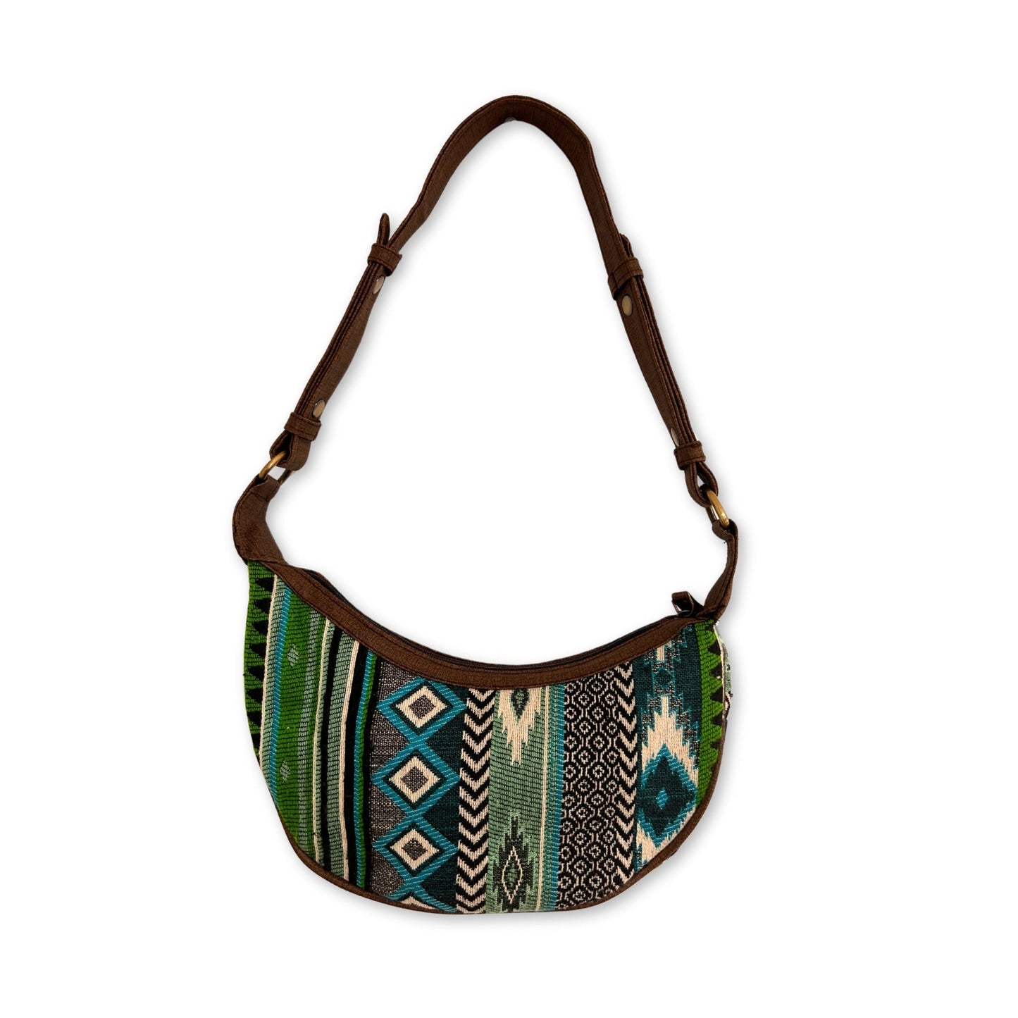 Handmade Jacquard Hobo Bag - Bold Greens product packaging on clean background from Quintessential Holistic Health Ltd