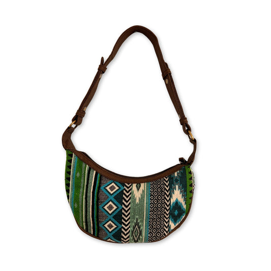 Handmade Jacquard Hobo Bag - Bold Greens product packaging on clean background from Quintessential Holistic Health Ltd
