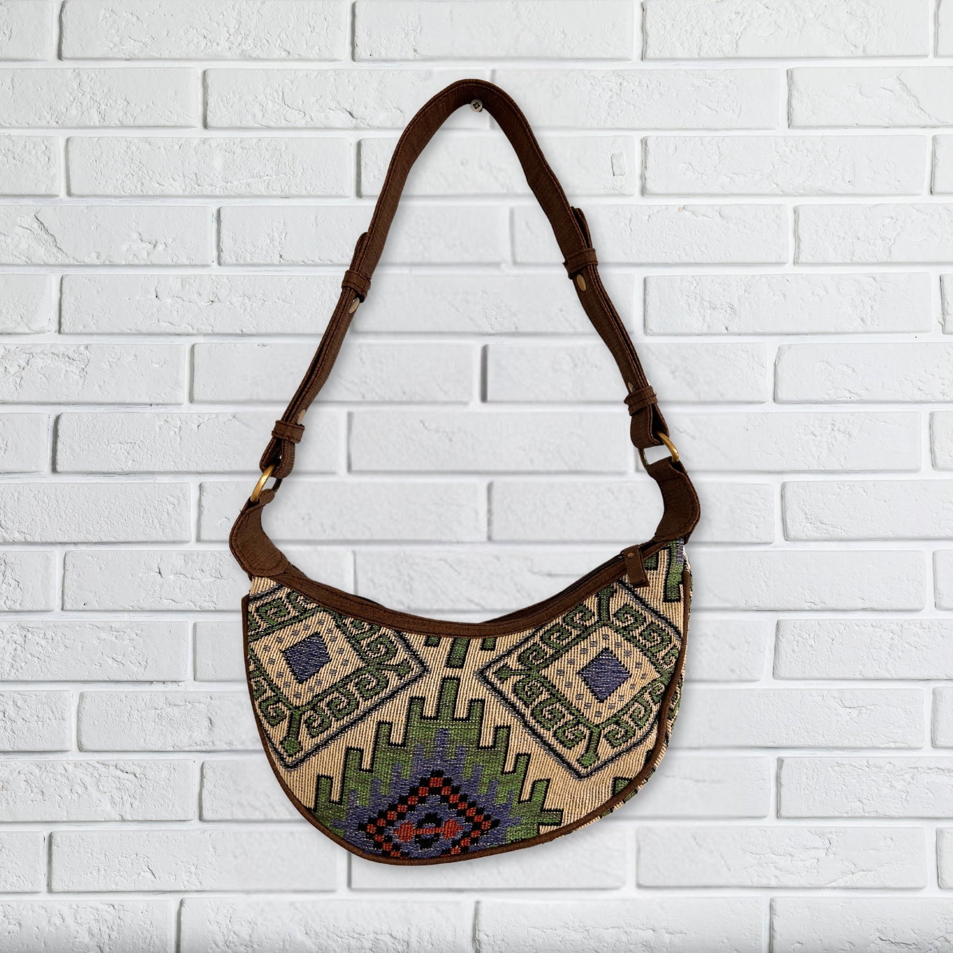 Handmade Jacquard Hobo Bag - Geometric Geen product packaging on clean background from Quintessential Holistic Health Ltd