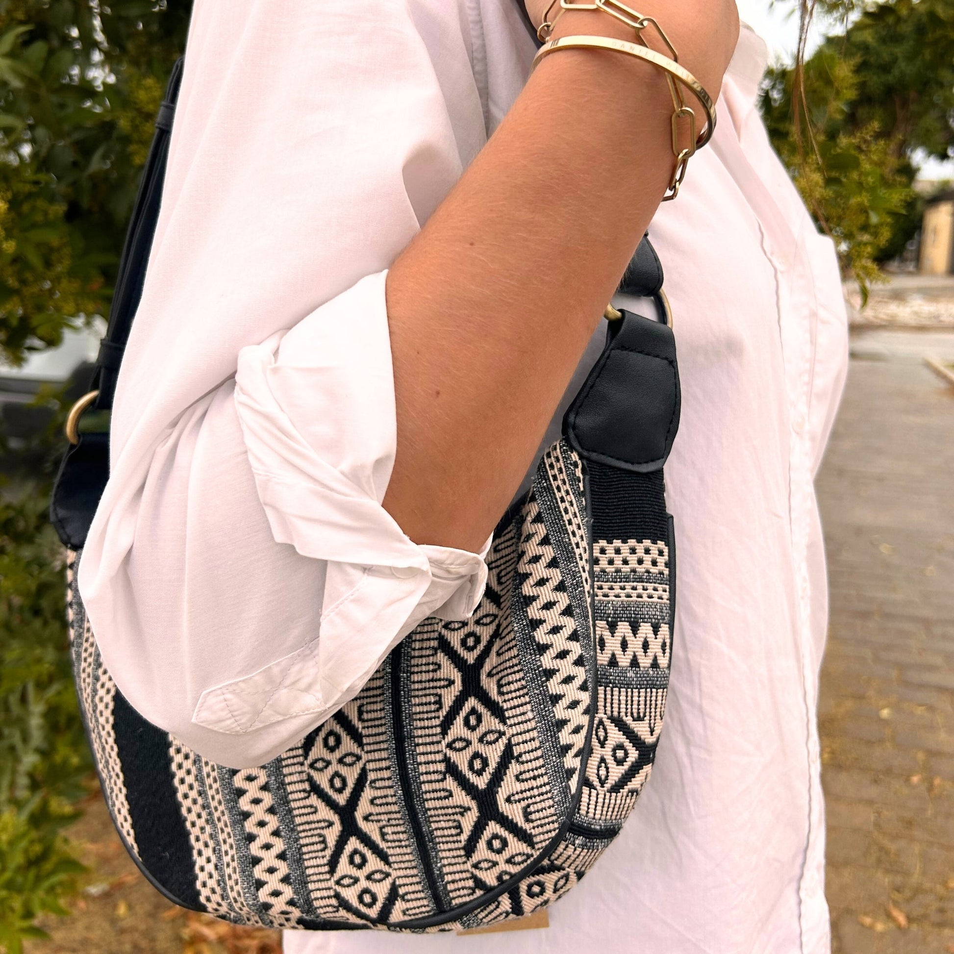 Handmade Jacquard Hobo Bag - Grey Metro product packaging on clean background from Quintessential Holistic Health Ltd