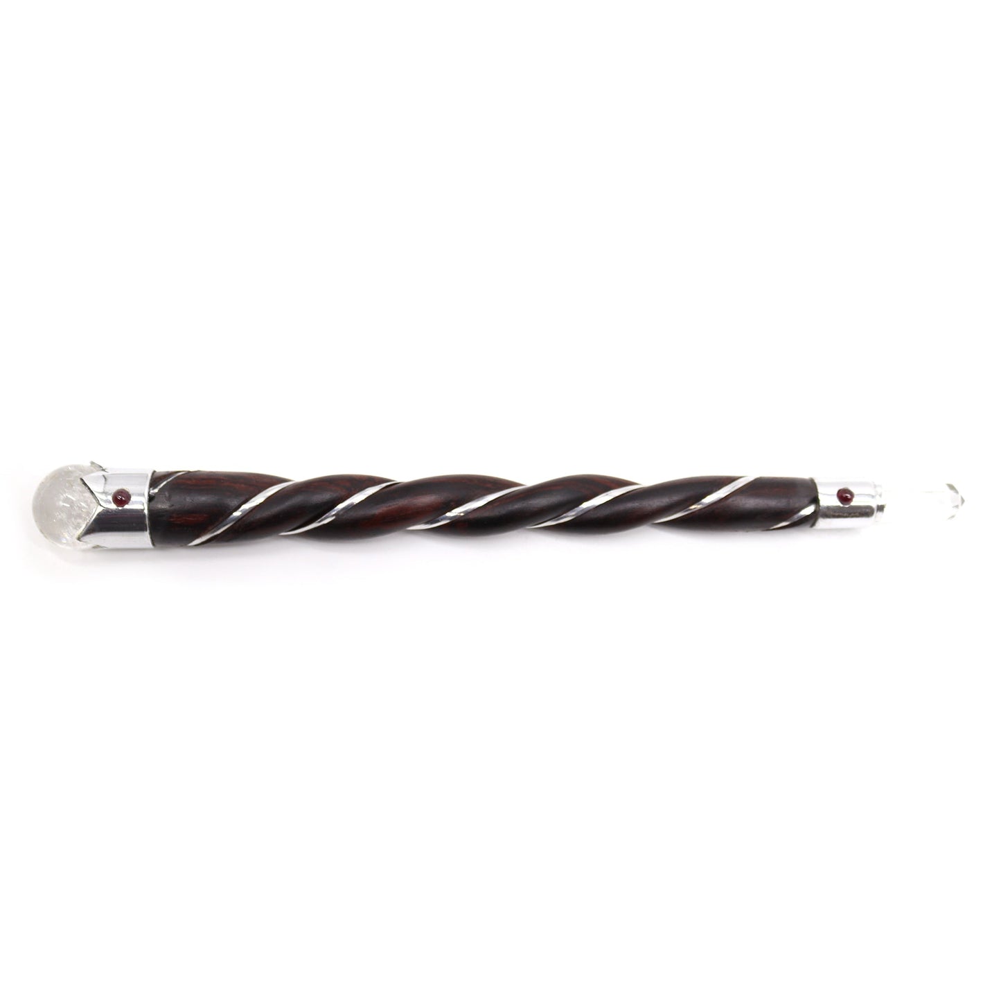 Handmade Twisted Teak Wooden Healing Wand - Rock Quartz Gemstone product packaging on clean background from Quintessential Holistic Health Ltd