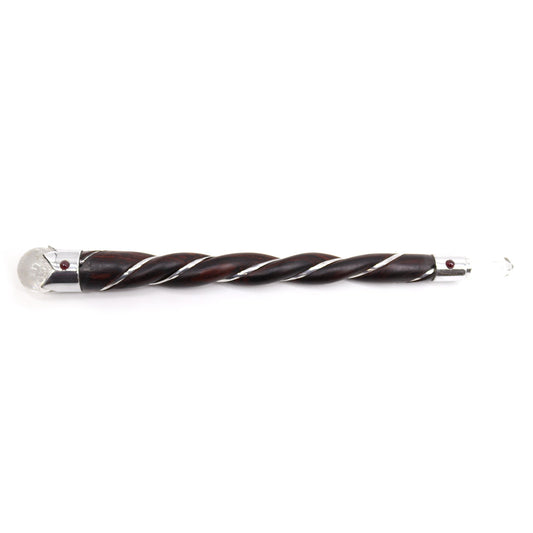 Handmade Twisted Teak Wooden Healing Wand - Rock Quartz Gemstone product packaging on clean background from Quintessential Holistic Health Ltd