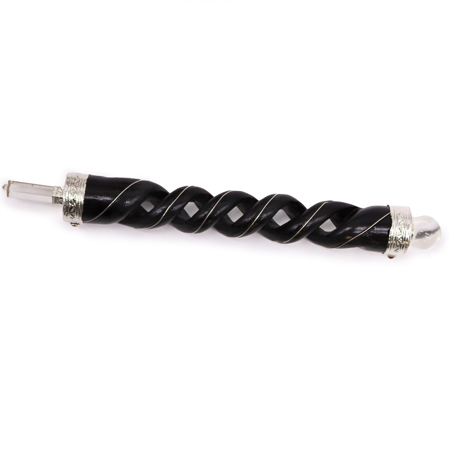 Handmade Spiral Teak Wooden Healing Wand - Rock Quartz Gemstone product packaging on clean background from Quintessential Holistic Health Ltd