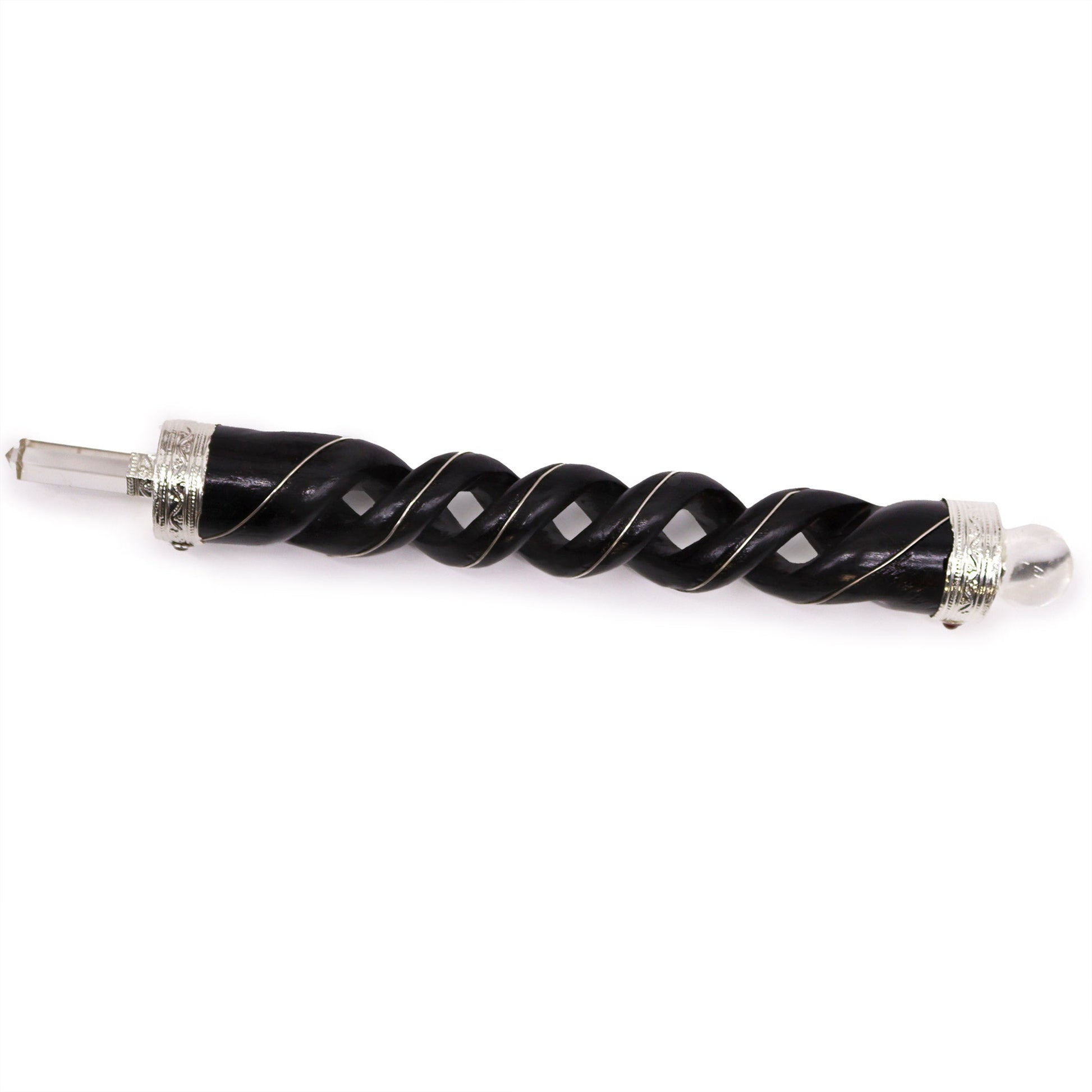 Handmade Spiral Teak Wooden Healing Wand - Rock Quartz Gemstone product packaging on clean background from Quintessential Holistic Health Ltd