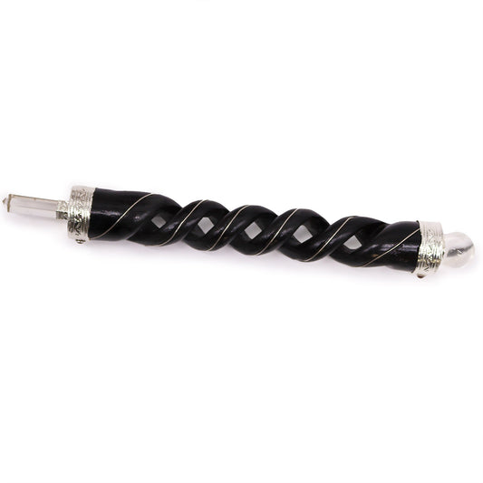 Handmade Spiral Teak Wooden Healing Wand - Rock Quartz Gemstone product packaging on clean background from Quintessential Holistic Health Ltd