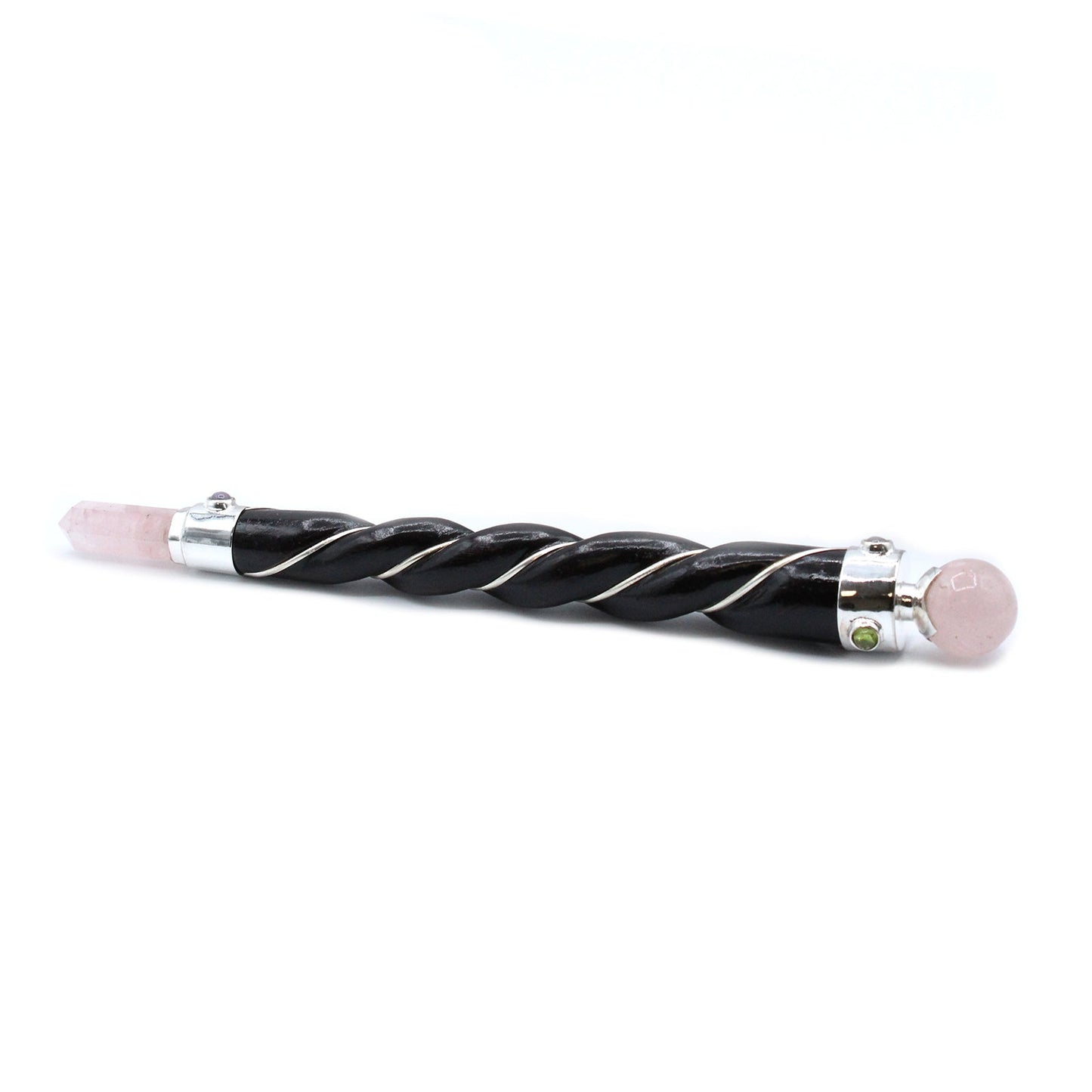 Handmade Twisted Teak Wooden Healing Wand - Silver Rose Quartz Gemstone product packaging on clean background from Quintessential Holistic Health Ltd