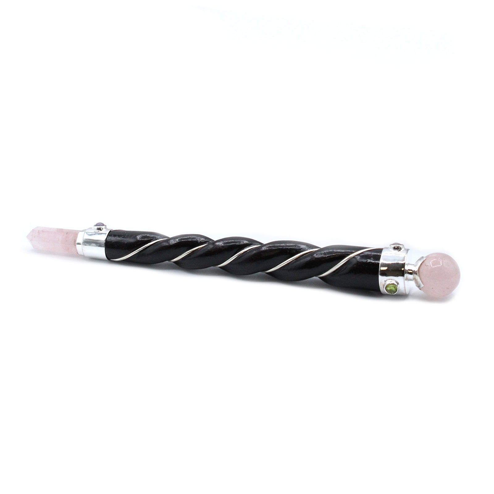 Handmade Twisted Teak Wooden Healing Wand - Silver Rose Quartz Gemstone product packaging on clean background from Quintessential Holistic Health Ltd