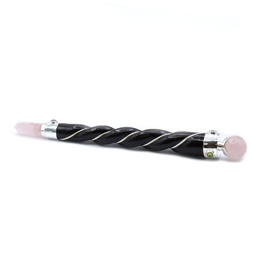 Handmade Twisted Teak Wooden Healing Wand - Silver Rose Quartz Gemstone product packaging on clean background from Quintessential Holistic Health Ltd