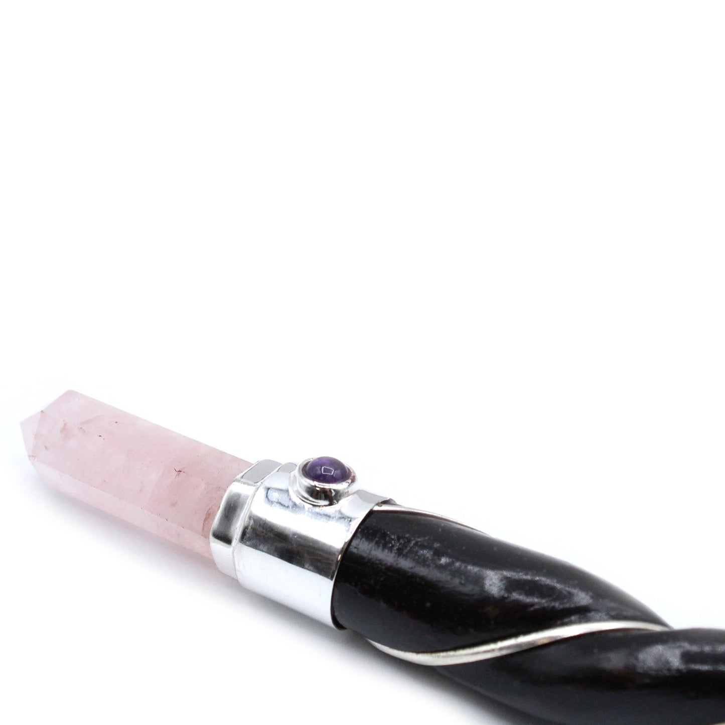 Handmade Twisted Teak Wooden Healing Wand - Silver Rose Quartz Gemstone product packaging on clean background from Quintessential Holistic Health Ltd
