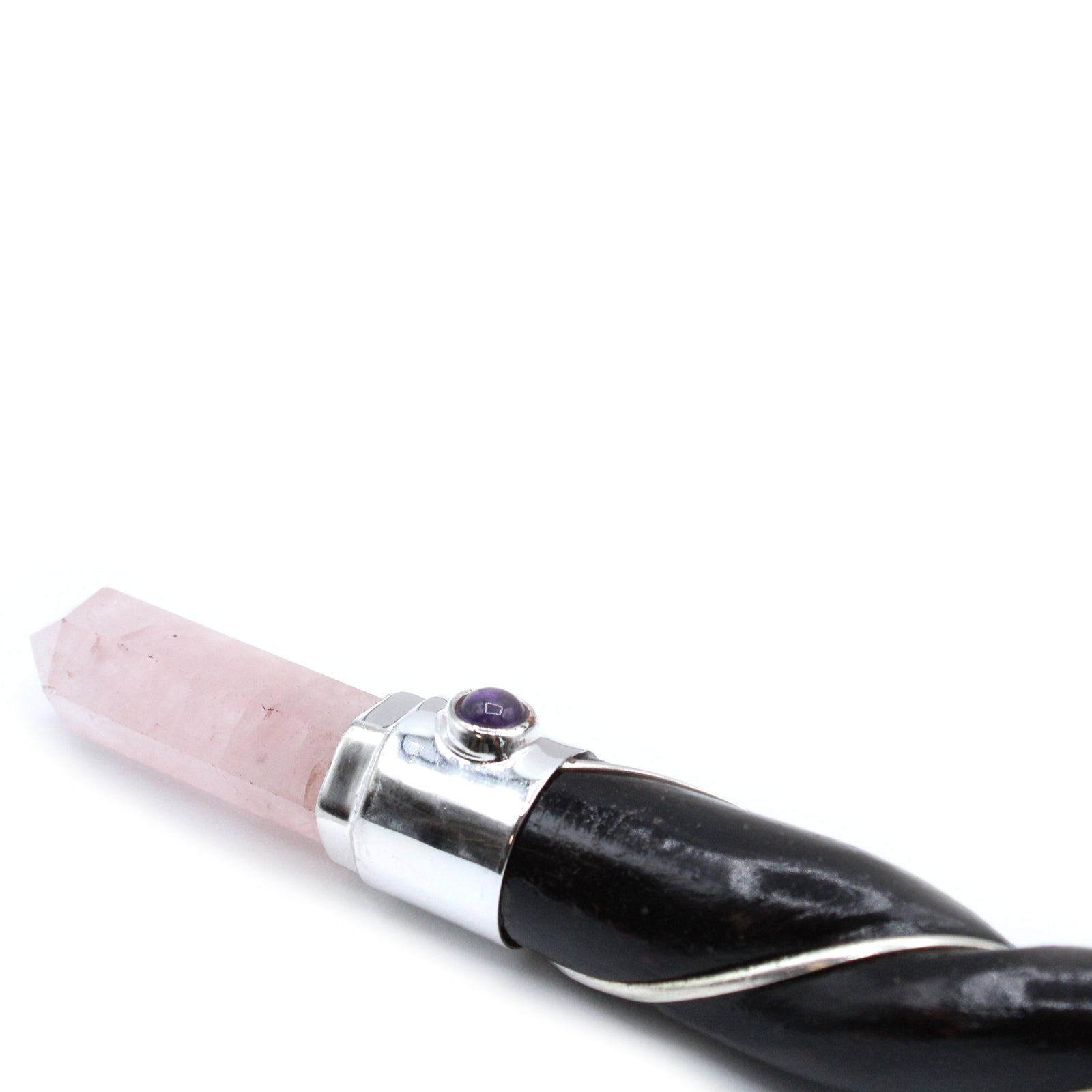 Handmade Twisted Teak Wooden Healing Wand - Silver Rose Quartz Gemstone product packaging on clean background from Quintessential Holistic Health Ltd